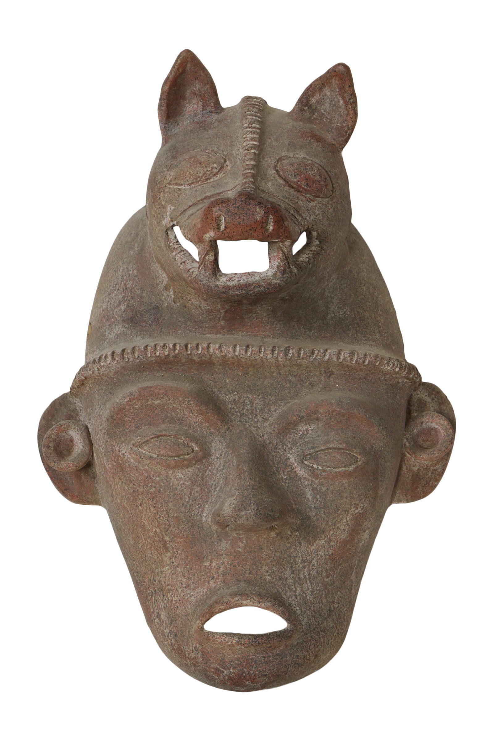 Mayan Style Terracotta Jaguar Warrior Mask, 20th c., H.- 24 in., W.- 16 1/2 in., D.- 12 in.: Mayan Style Terracotta Jaguar Warrior Mask, 20th c., with a faux granite finish, H.- 24 in., W.- 16 1/2 in., D.- 12 in.