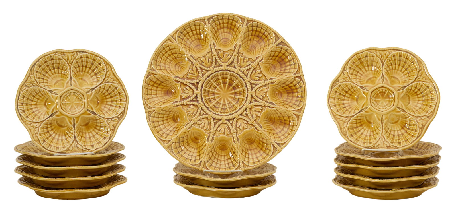 French Fourteen Piece Ocher Ceramic Oyster Set, by Sarraguemines, 20th c., Plates- H.- 5/8 in., (1 of 2)