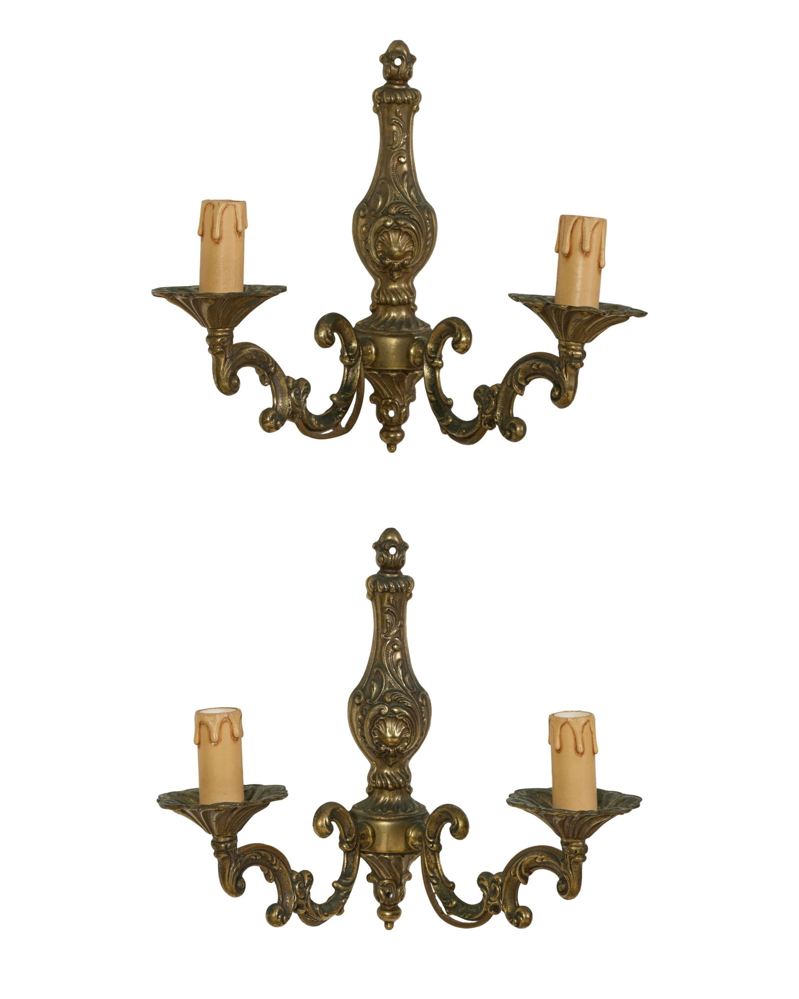 Pair of French Louis XV Style Gilt Bronze Two Light Sconces, 20th c., H.- 10 1/2 in., W.- 11 1/2 (1 of 3)