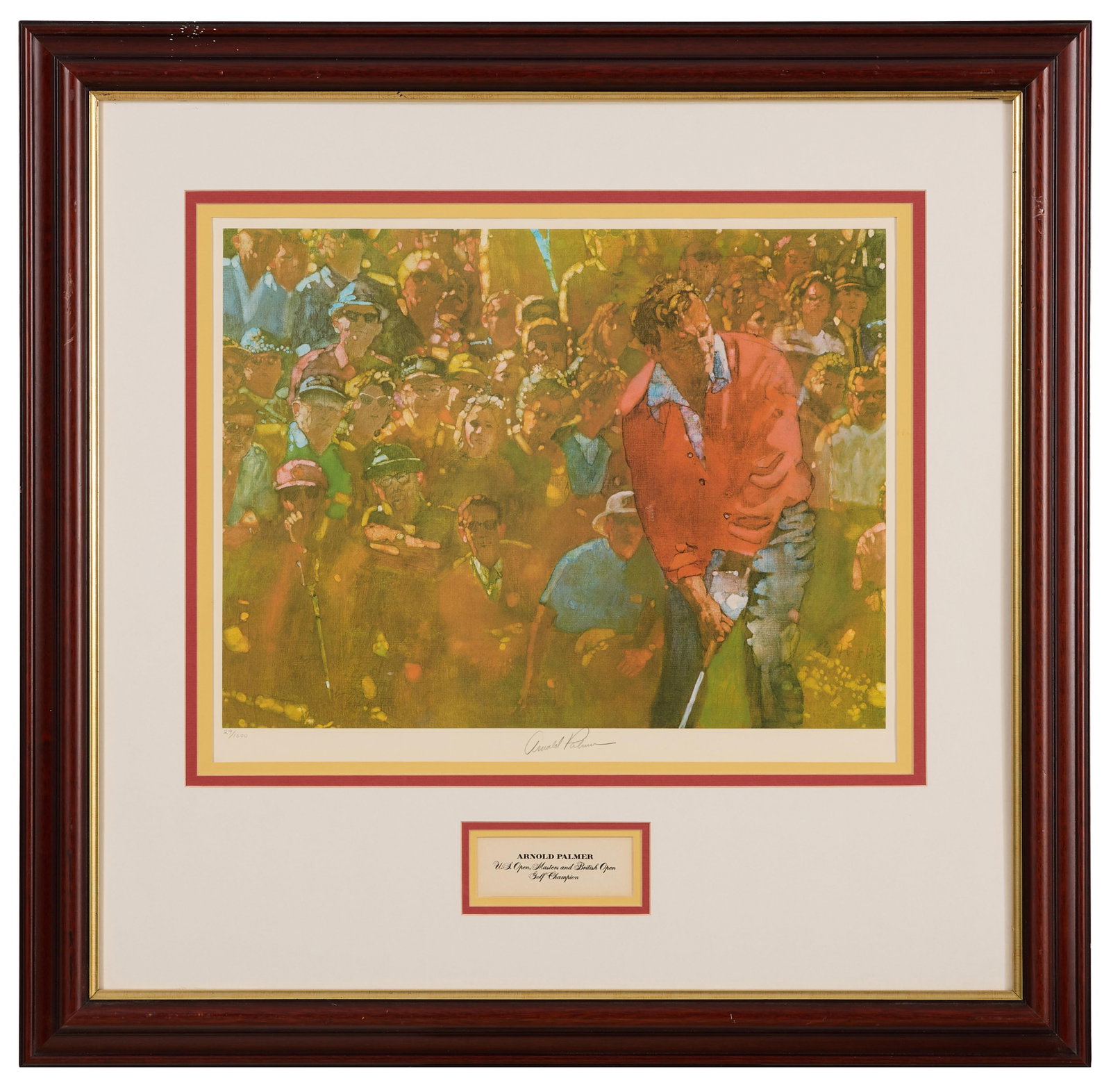 Arnold Palmer Golf Memorabilia from "Sports Illustrated Living Legends (1974)," Overall- H.- 31 1/2: Arnold Palmer Golf Memorabilia from "Sports Illustrated Living Legends (1974)," color lithograph after the watercolor by Bernard Fuchs, limited edition, signed by Palmer and numbered "29/1500" lower m