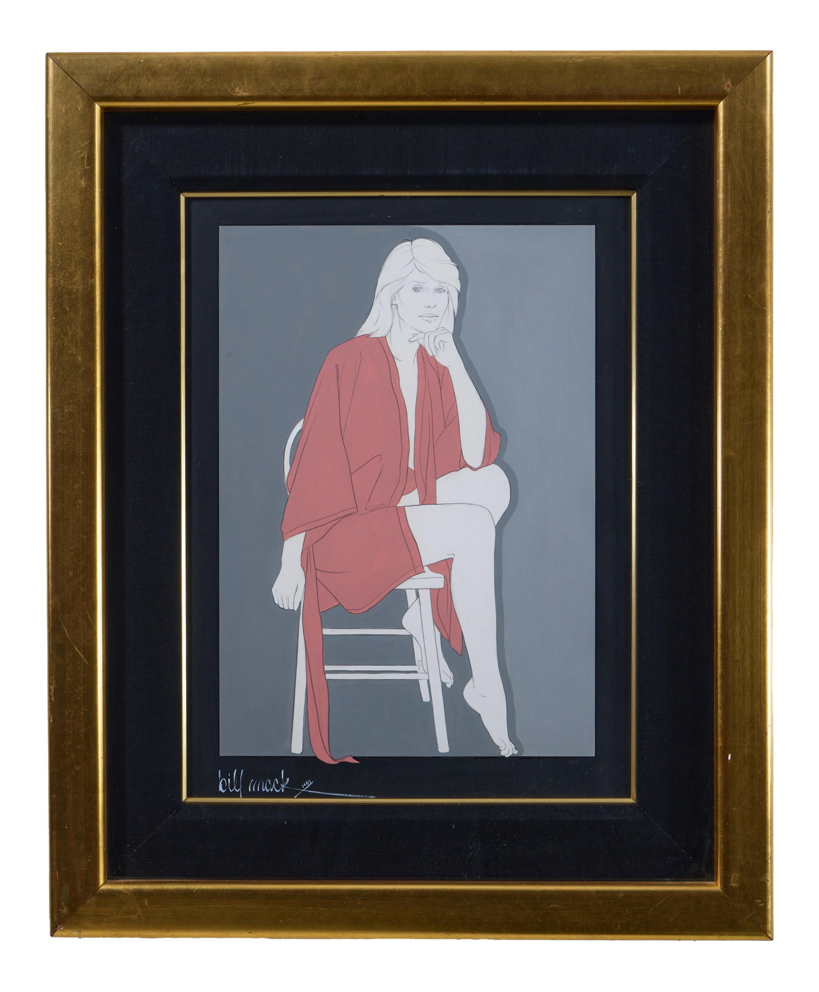 Bill Mack (American/Minnesota, b. 1949), "Seated Woman in Pink Robe," 1969, Sight- H.- 19 1/2 in.,: Bill Mack (American/Minnesota, b. 1949), "Seated Woman in Pink Robe," 1969, pencil and acrylic on paper, signed and dated lower left, presented in a giltwood frame with a linen liner and plexiglass, S
