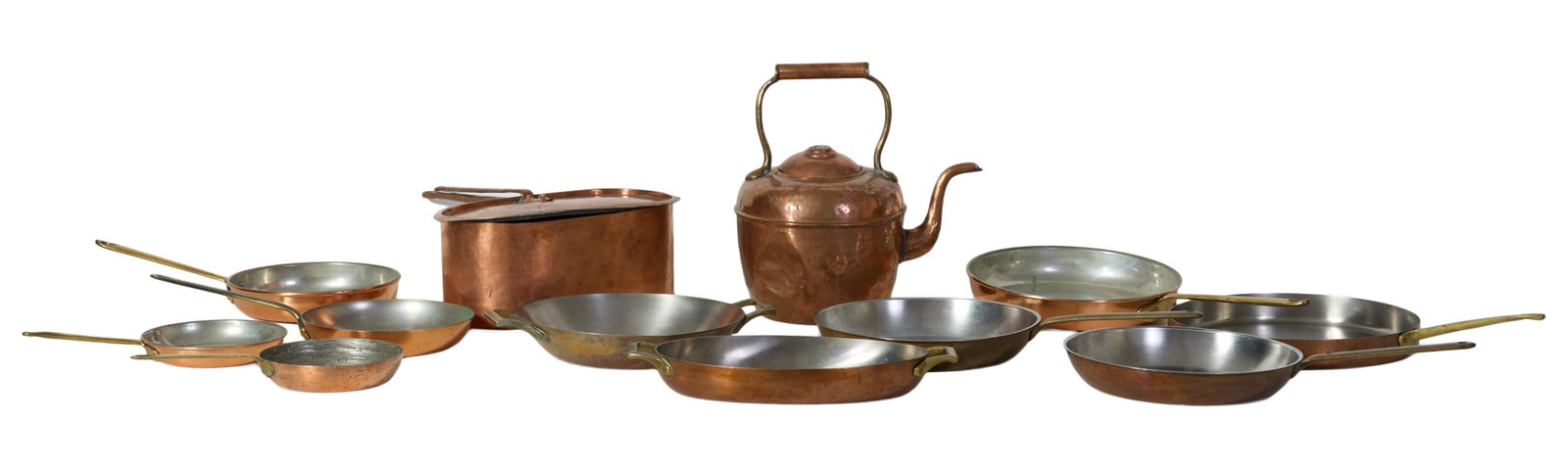 Group of Twelve Pieces of Continental Copper Cookware, 20th c., Teapot- H.- 12 in., W.- 11 in., D.- (1 of 10)