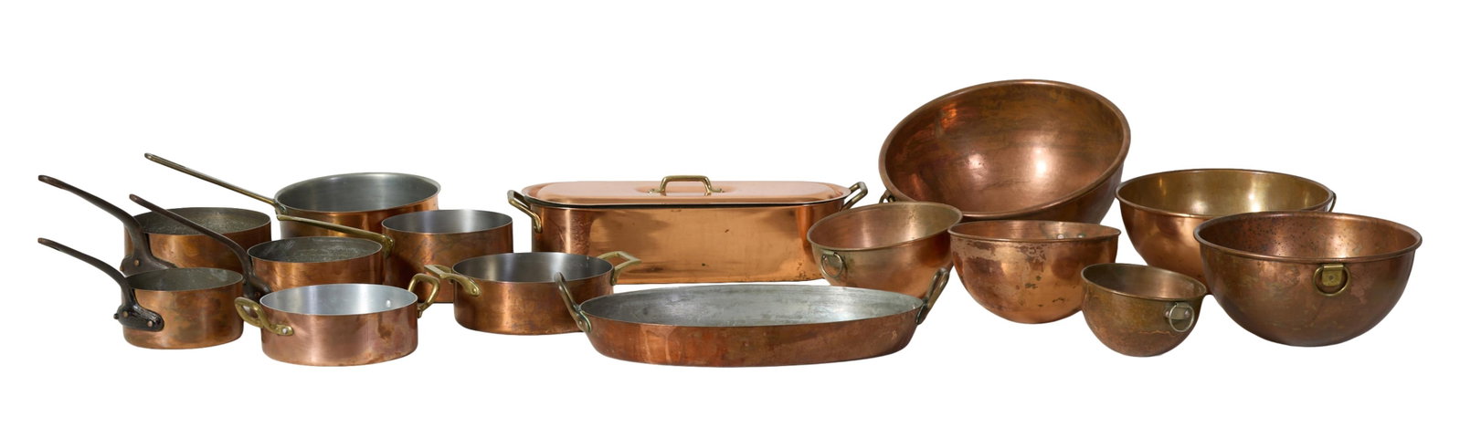 Fifteen Piece Group of Copper Pots, 20th c., Lidded Fish Poacher- H.- 4 in., W.- 6 5/8 in., L.- 16 (1 of 5)