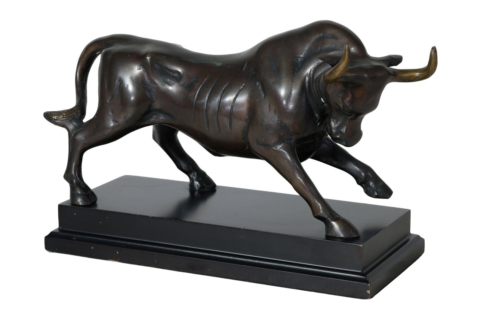 Spanish Patinated Bronze Raging Bull Sculpture, late 20th c., H.- 9 in., W.- 14 in., D.- 5 3/4 in.: Spanish Patinated Bronze Raging Bull Sculpture, late 20th c., on a stepped black marble base, H.- 9 in., W.- 14 in., D.- 5 3/4 in.