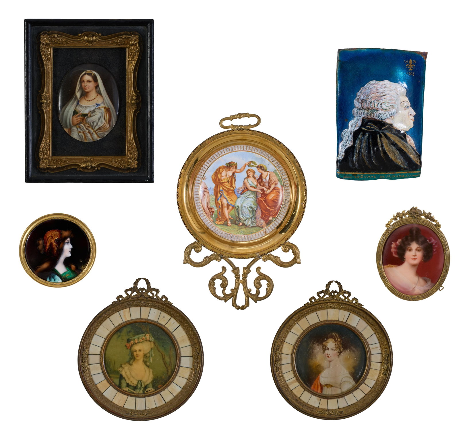Group of Seven Miniature Portraits, 19th/20th c., Veiled Lady Overall Framed- H.- 7 in., W.- 5 1/2: Group of Seven Miniature Portraits, 19th/20th c., consisting of: a veiled young lady; a gentleman, dated 1905, unframed; two circular paintings of ladies, in matching brass frames; a circular portrait