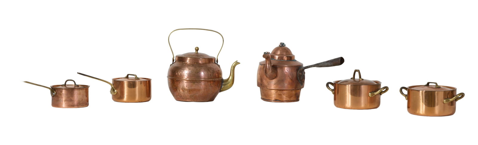 Group of Six Copper Cooking Pots, 20th c., Largest Teapot- H.- 12 1/2 in., W.- 11 3/4 in., D.- 8 in. (1 of 4)