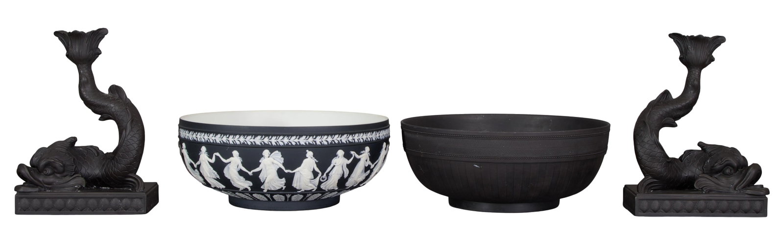 Four Pieces of Black Basalt Wedgwood, 20th c., Largest Bowl- H.- 4 1/8 in., Dia.- 10 3/8 in.; (1 of 8)