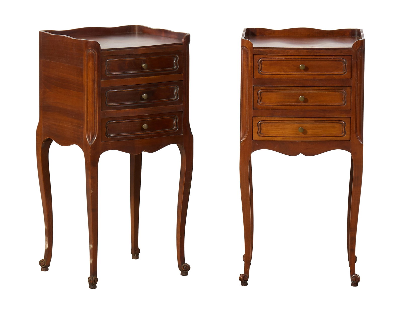 Pair of French Louis XV Style Cherry Nightstands, mid 20th c., Each- H.- 29 in., W.- 14 1/2 in., D.-: Pair of French Louis XV Style Cherry Nightstands, mid 20th c., the partially galleried tops over three drawers, shaped apron joining tall raised scrolled cabriole legs, Each- H.- 29 in., W.- 14 1/2 in