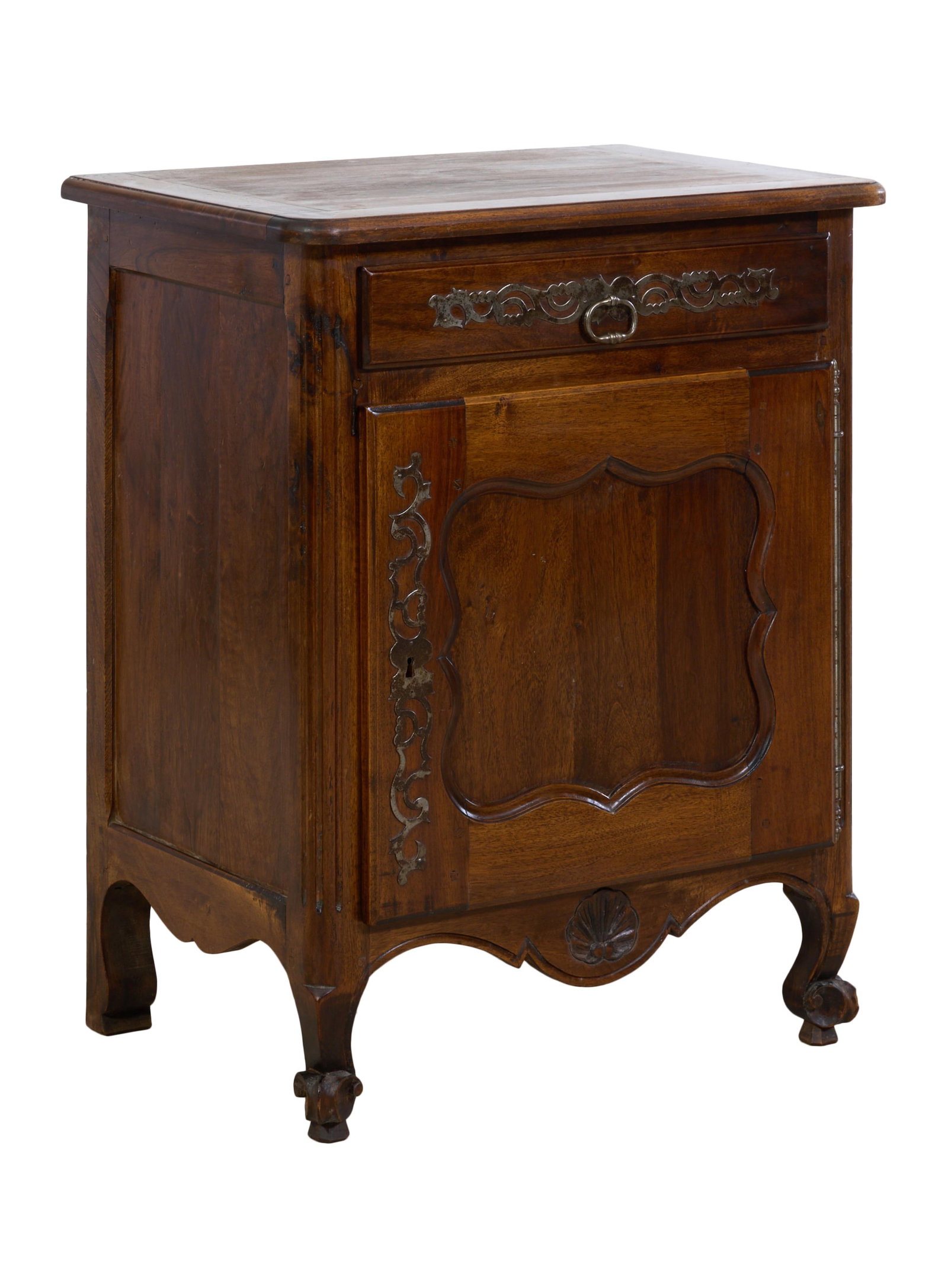 French Louis XV Style Walnut Confiturier, mid 19th c., H.- 35 1/4 in., W.- 28 1/2 in., D.- 19 1/2: French Louis XV Style Walnut Confiturier, mid 19th c., rectangular top with rounded corners, frieze drawer, lower cabinet door, shell carved spurred apron joining raised cabriole legs with escargot to
