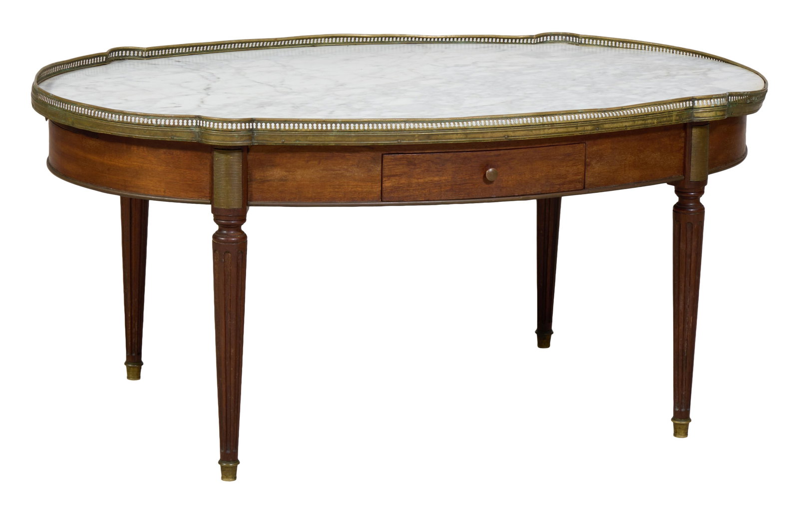 French Louis XVI Style Marble Top Walnut Low Table, early 20th c., H.- 20 1/2 in., W.- 43 1/2 in., (1 of 2)