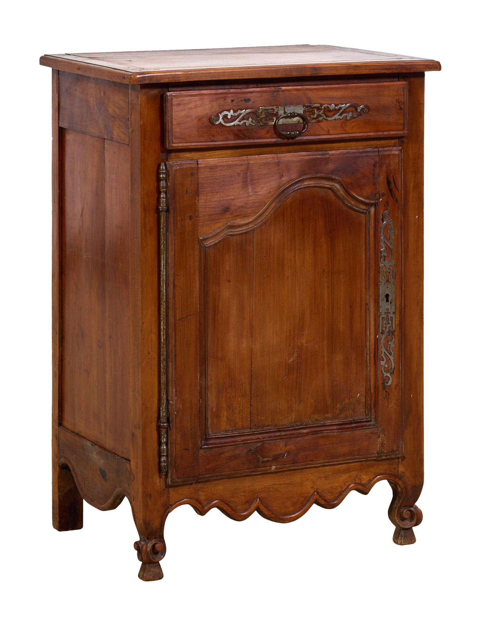 French Louis XV Style Walnut Confiturier, mid 19th c., H.- 37 in., W.- 25 1/2 in., D.- 17 1/4 in.: French Louis XV Style Walnut Confiturier, mid 19th c., the rectangular top over single frieze drawer over raided panel cabinet doors, lobed and spurred apron joining raised scrolled cabriole legs, H.-