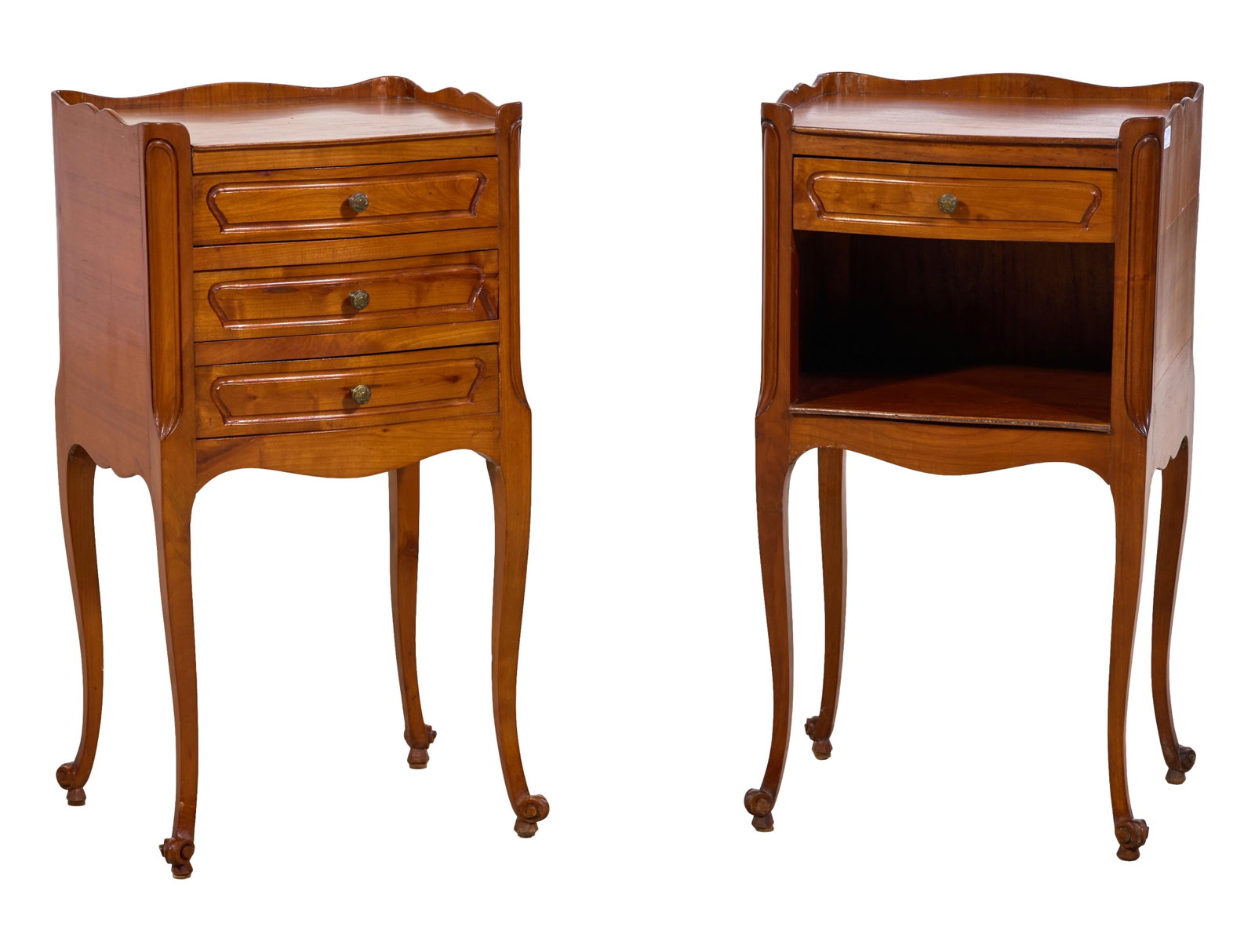 Two French Louis XV Style Cherry Nightstands, 20th c., Each- H.- 28 in., W.- 15 in., D.- 12 1/2 in.: Two French Louis XV Style Cherry Nightstands, 20th c., both with partially galleried tops, one with three drawers, one with single drawer over open cupboard, raised scrolled cabriole legs, Each- H.- 2