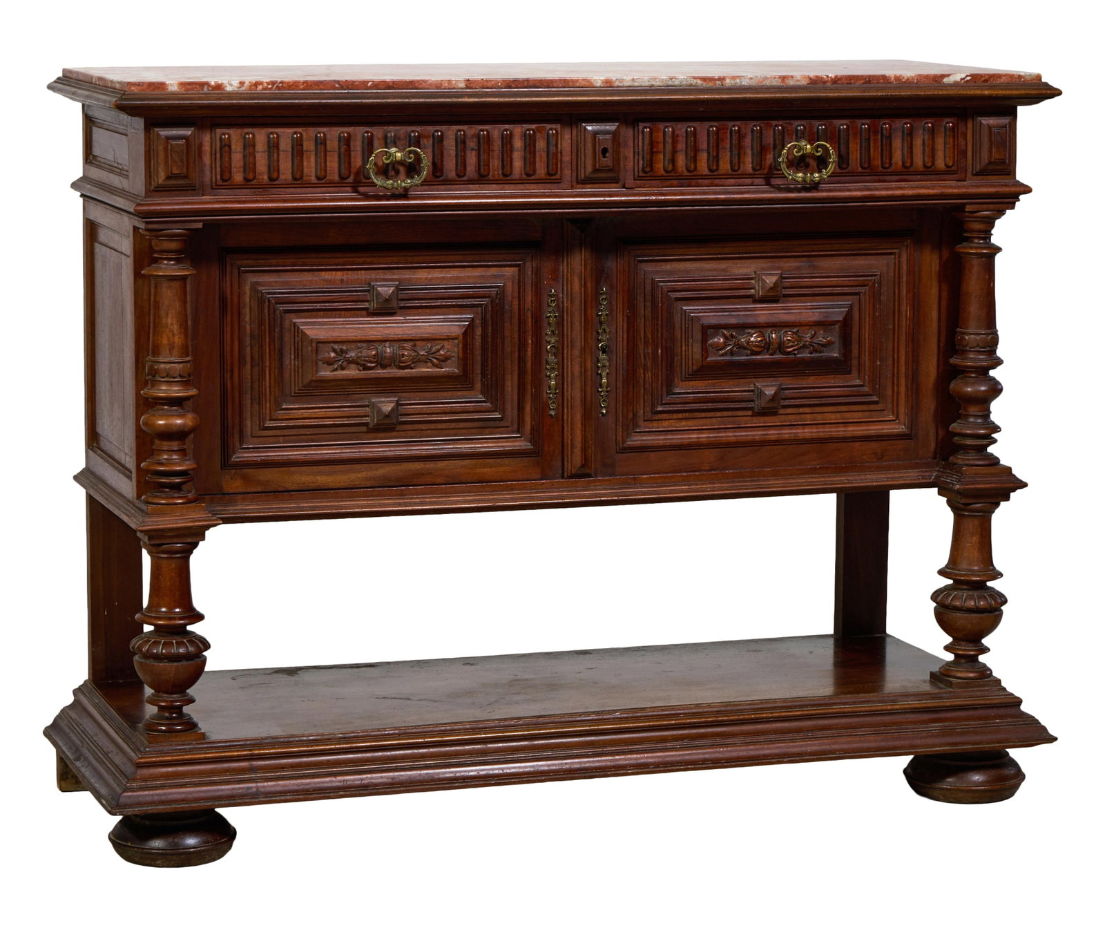 French Henri II Style Marble Top Carved Walnut Desserte, late 19th c., H.- 39 1/2 in., W.- 51 in., (1 of 2)