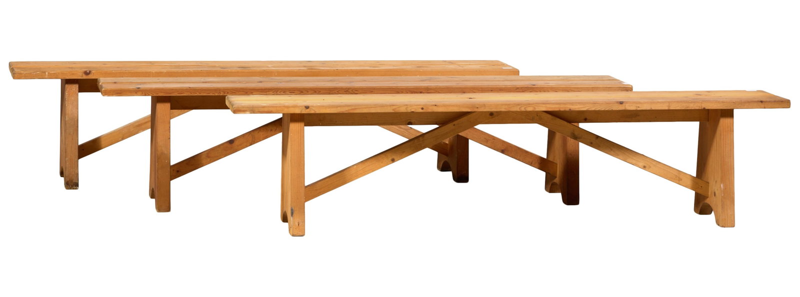 Three French Provincial Pine Trestle Benches, 20th c., Each- H.- 18 1/8 in., W.- 78 3/4 in., D.- 12 (1 of 2)