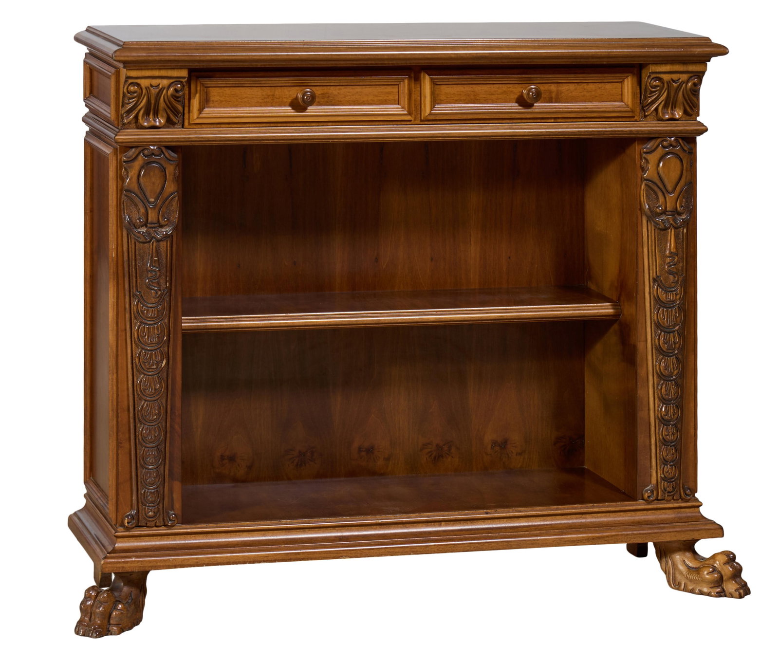 French Empire Inspired Carved Walnut Console, 21st c., H.- 36 in., W.- 44 in., D.- 13 in. (1 of 2)