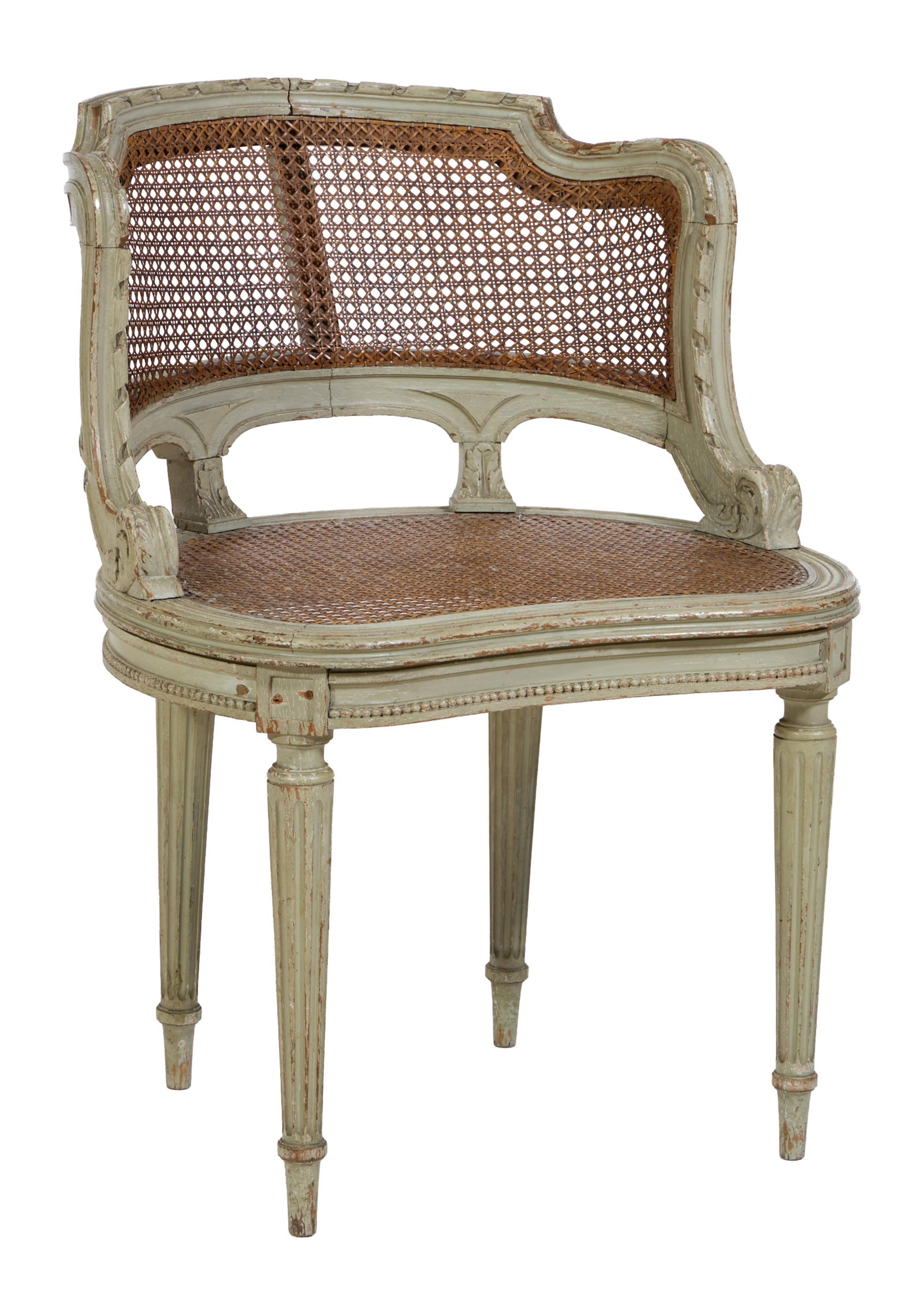 French Louis XVI Style Creme Peinte Vanity Chair, mid 20th c., H.- 30 in., W.- 22 in., D.- 18 in. (1 of 2)