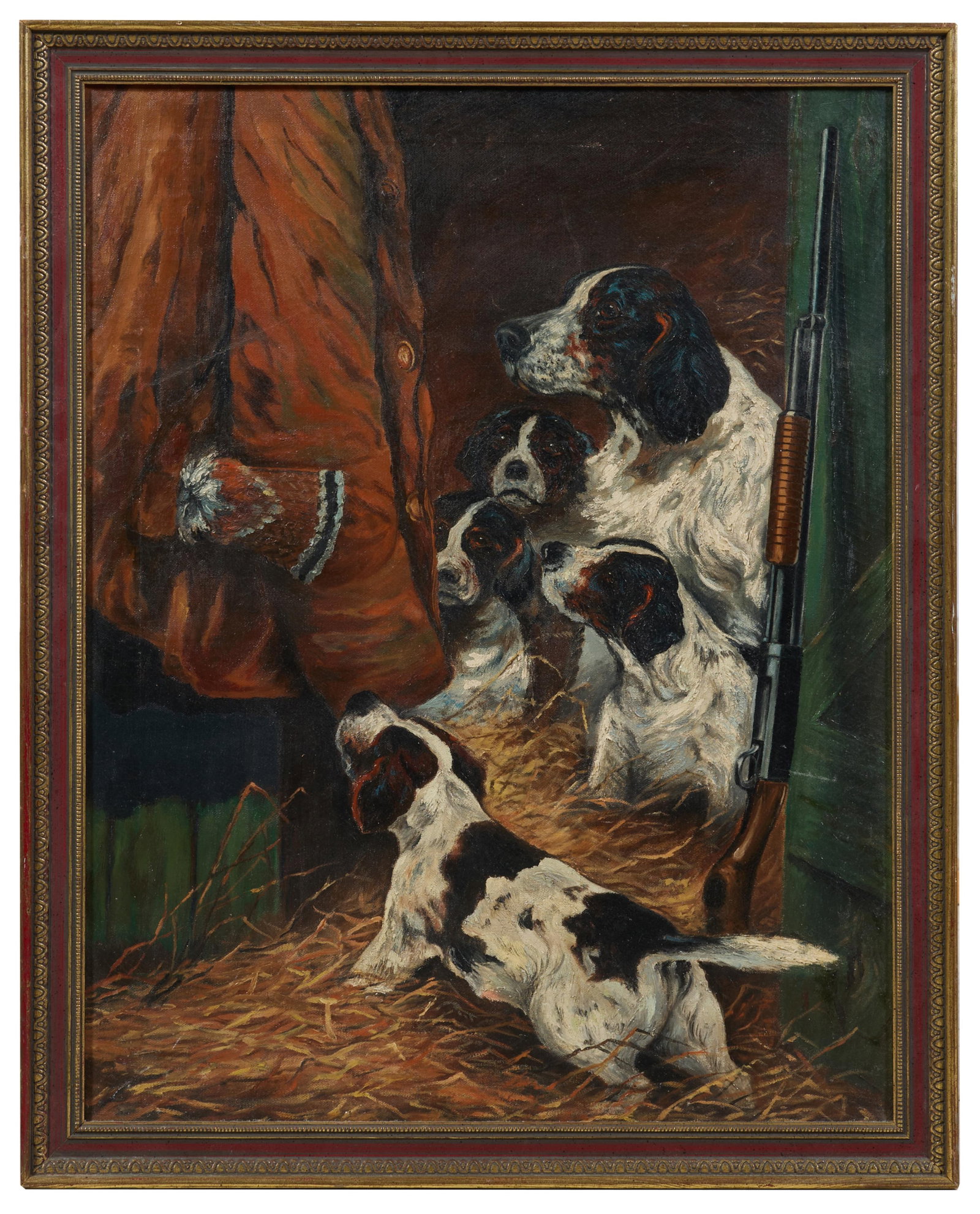 American School (20th Century), "Young Pointers in Training," H.- 28 in., W.- 22 in., Framed- H.- 31: American School (20th Century), "Young Pointers in Training," oil on canvas board, unsigned, presented in a wood frame, H.- 28 in., W.- 22 in., Framed- H.- 31 in., W.- 24 5/8 in.