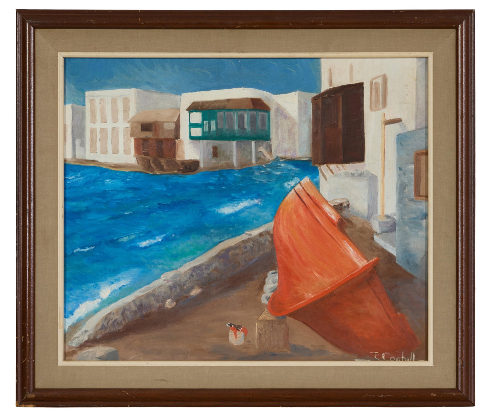 Robert G. Coghill (American/Texas, b. 1946), "Boat and Homes Overlooking the Water," H.- 20 in., W.-: Robert G. Coghill (American/Texas, b. 1946), "Boat and Homes Overlooking the Water," oil on canvas board, signed lower right, presented in a wood frame, H.- 20 in., W.- 24 in., Framed- H.- 25 1/2 in.,