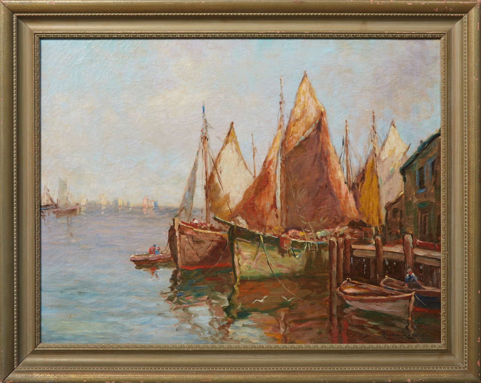 Roscoe Ross (American, 20th Century), "Breton Harbor," H.- 20 1/8 in., W.- 26 in., Framed- H.- 24: † Roscoe Ross (American, 20th Century), "Breton Harbor," oil on canvas, signed lower right, titled on brass artist plaque, presented in a wood frame, H.- 20 1/8 in., W.- 26 in., Framed- H.- 24 1/4 i