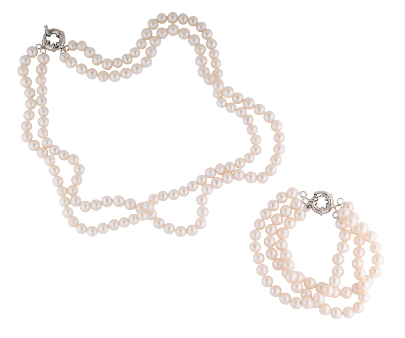 Two Piece Set of White Freshwater Pearls, Strand- L.- 19 in.; Bracelet- L.- 7 3/4 in. (2 Pcs.): Two Piece Set of White Freshwater Pearls, consisting of a double strand of princess length 8mm white cultured pearls, with a jumbo spring ring clasp; together with a triple strand 8mm white cultured p