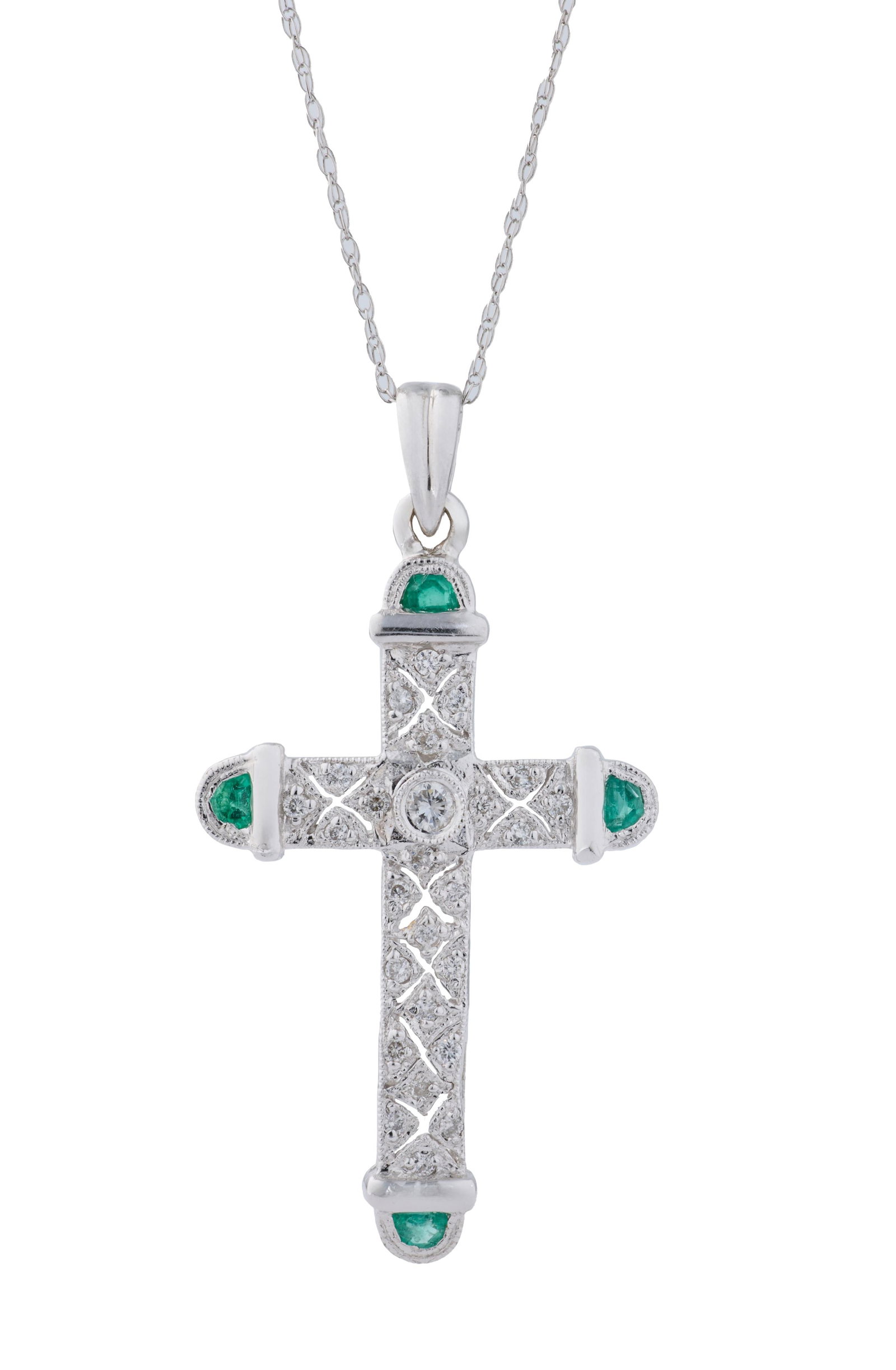 18K White Gold, Diamond and Emerald Cross Pendant, App. Total Wt.- 3.4 grams; Chain- L.- 18 in.;: 18K White Gold, Diamond and Emerald Cross Pendant, the openwork cross set with approximately 0.58 carat total weight diamonds, with each arm terminating in demilune cut emeralds totaling approximately