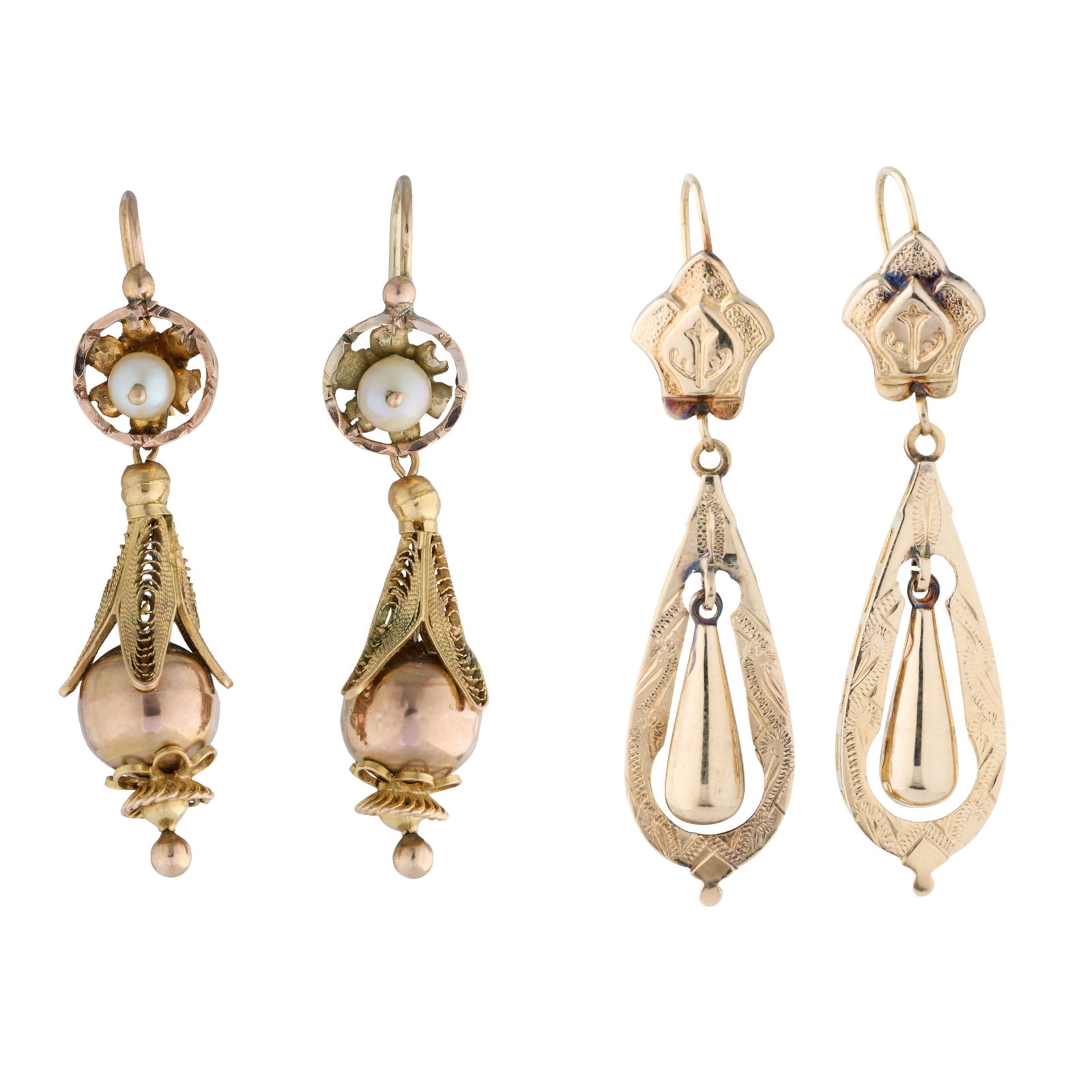 Two Pairs of Victorian Gold Earrings, 19th c., App. Total Wt.- 9.4 grams, Largest- H.- 1 7/8 in.,: Two Pairs of Victorian Gold Earrings, 19th c., one of 14K yellow gold with articulated interior pendants; the other of 10K varicolor gold set with pearls, App. Total Wt.- 9.4 grams, Largest- H.- 1 7/8