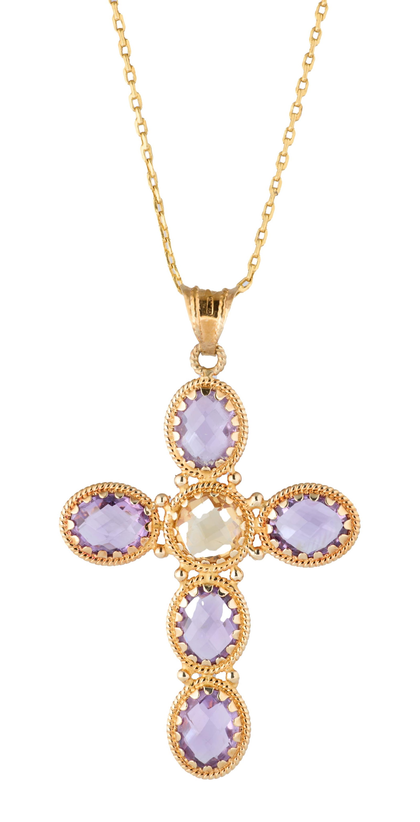 Italian 18K Yellow Gold Amethyst and Citrine Cross Pendant, App. Total Wt.- 11 grams; Pendant- H.- 2: Italian 18K Yellow Gold Amethyst and Citrine Cross Pendant, each rosette cut stone set within twisted rope borders, with 18K yellow gold box link chain, App. Total Wt.- 11 grams; Pendant- H.- 2 1/4 in