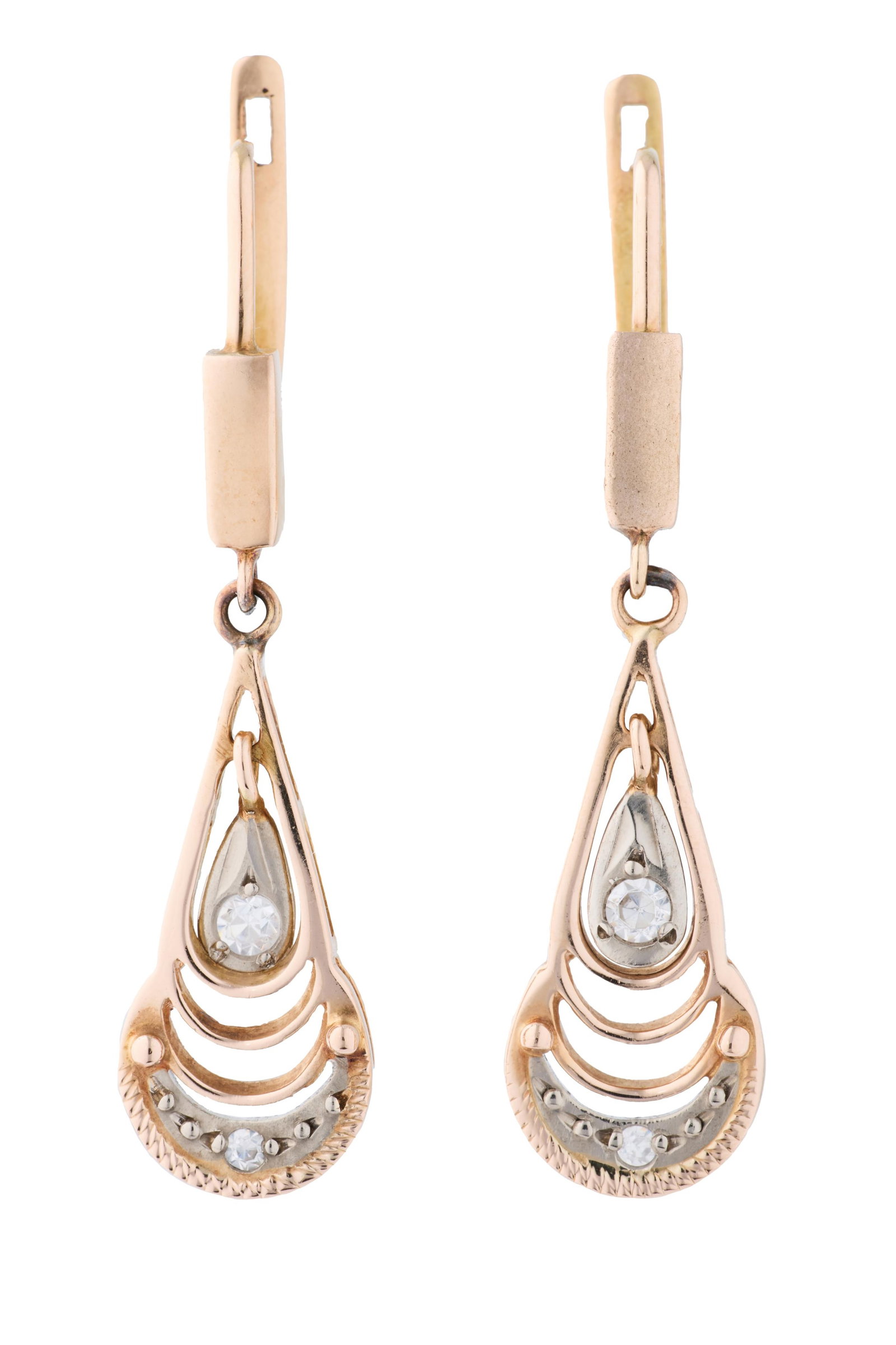 Pair of Soviet 14K Rose Gold and Diamond Pendant Earrings, App. Total Diamond Wt.- 0.18 carats; App. (1 of 1)