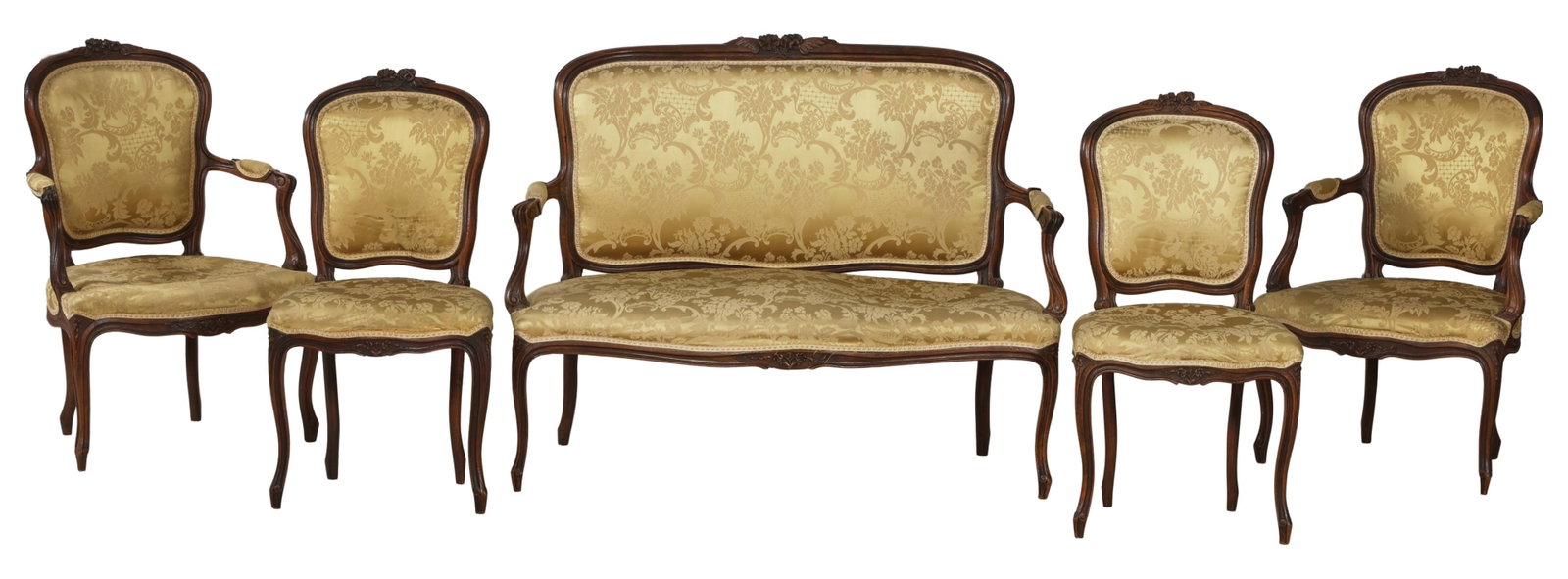 Five Piece French Louis XV Style Carved Walnut Parlor Suite, 19th c., Settee- H.- 38 in., W.- 47 (1 of 20)