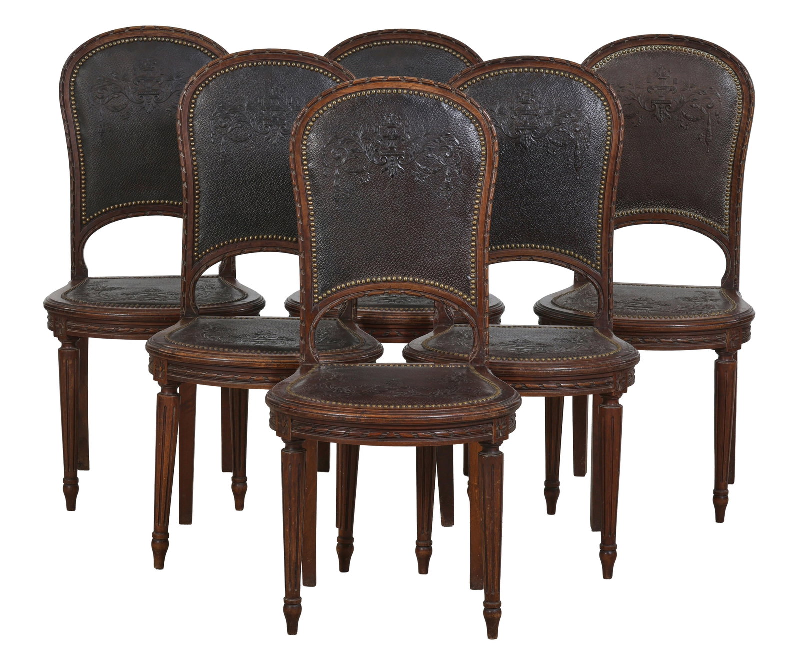 Six Louis XVI Style Embossed Leather Walnut Dining Chairs, mid/late 20th c., Each- H.- 39 in., W.- (1 of 4)