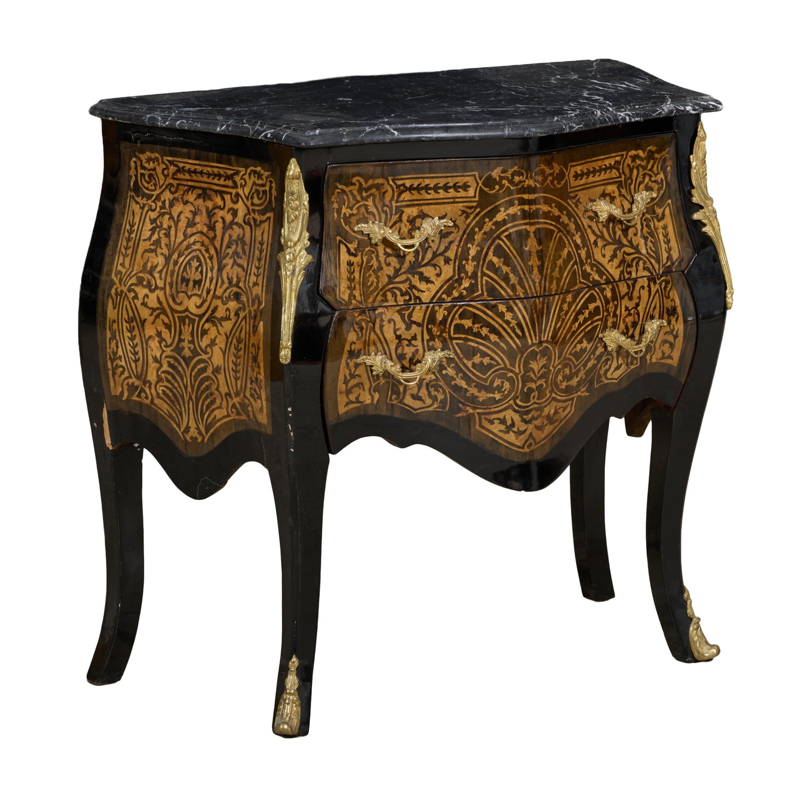 French Louis XV Style Marble Top Marquetry Bombe Commode, 20th c., H.- 30 1/2 in., W.- 33 in., D.- (1 of 2)