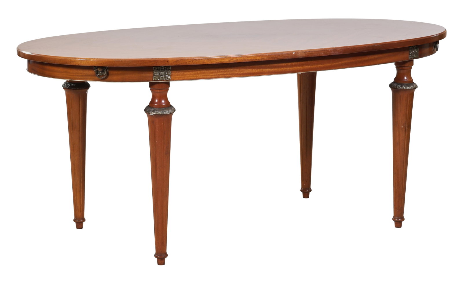 French Louis XVI Style Cherry Dining Table, mid 20th c., H.- 30 in., W.- 72 in., D.- 38 in.: French Louis XVI Style Cherry Dining Table, mid 20th c., oval top with rosette block apron over mounted spool turned fluted tapered legs, H.- 30 in., W.- 72 in., D.- 38 in.