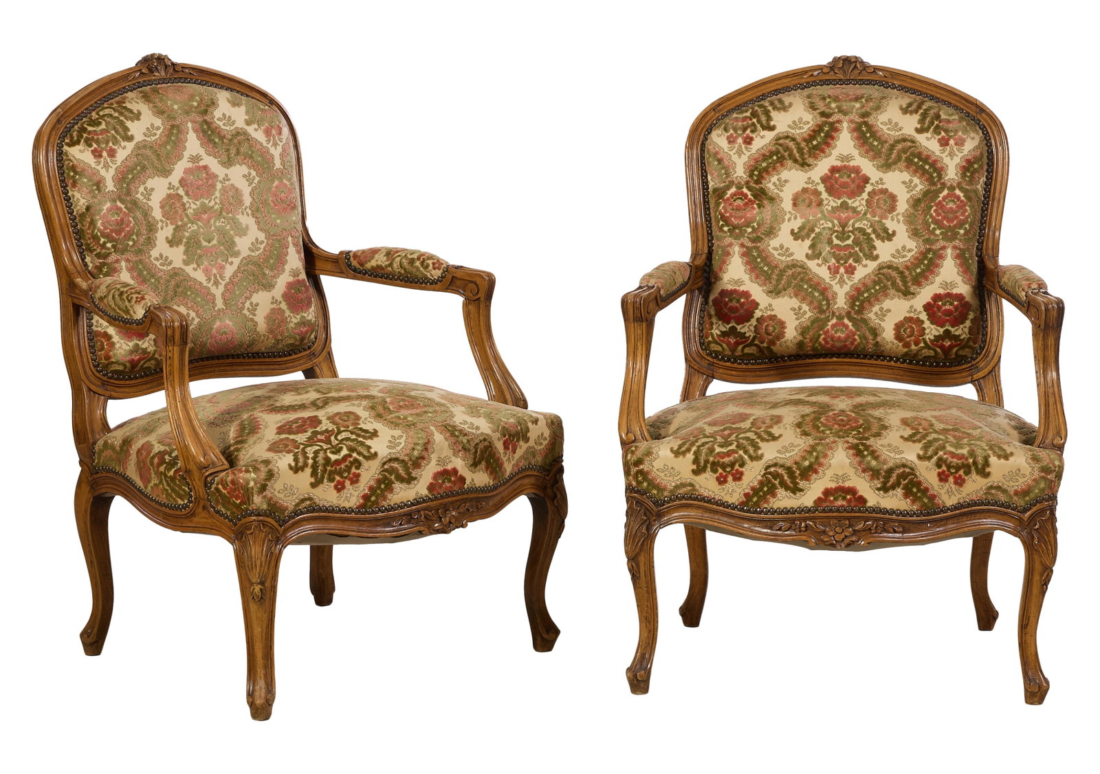 Pair of French Louis XV Style Fauteuils, mid 20th c., Each- H.- 36 in., W.- 27 in., D.- 26 in. (2: Pair of French Louis XV Style Fauteuils, mid 20th c., the floral carved upholstered backs into padded molded arms, upholstered seats, floral carved seat rail joining foliate carved raised cabriole leg