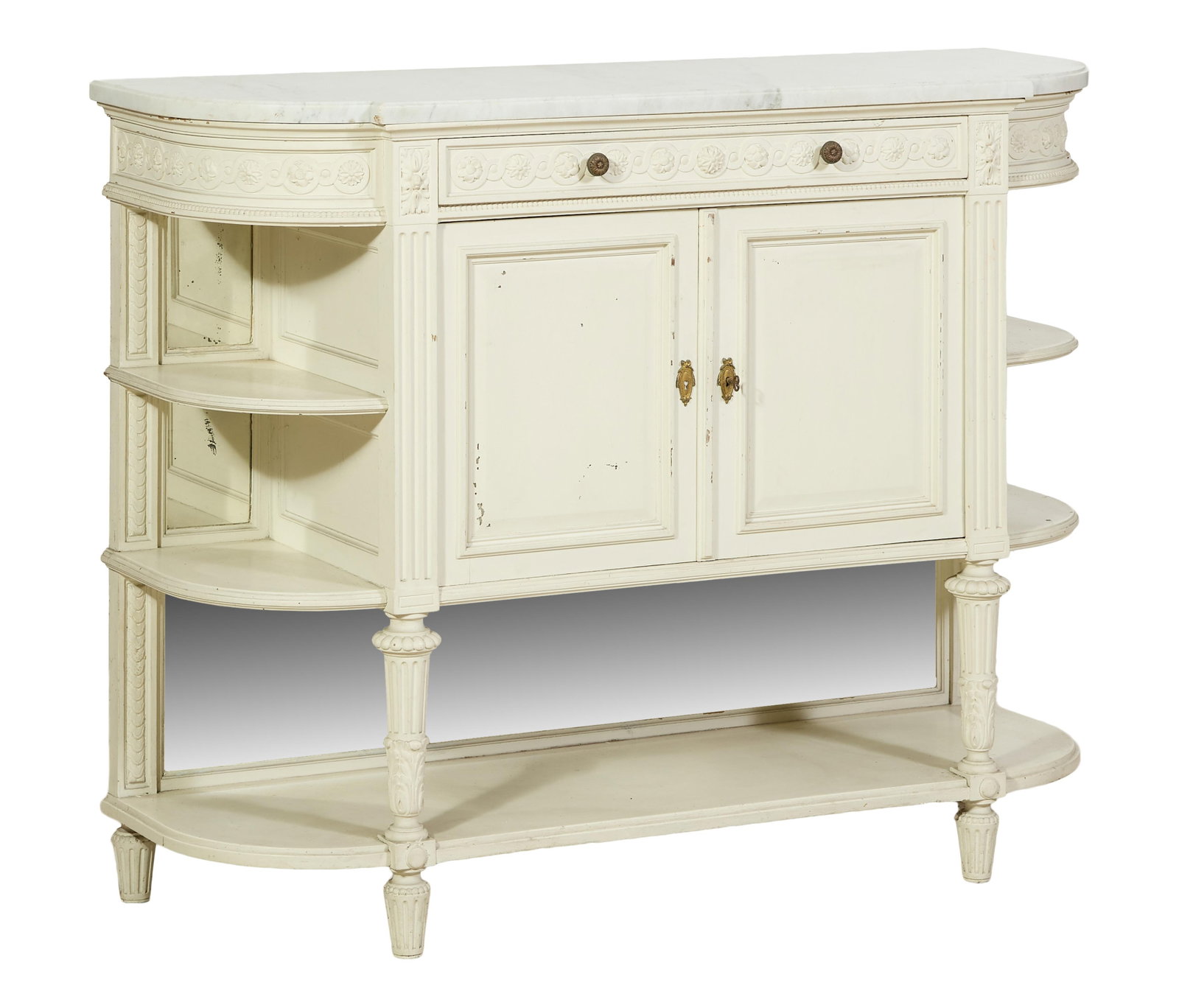 Henri II Style Marble Top Creme Peinte Desserte, late 19th c., H.- 39 1/2 in., W.- 49 in., D.- 17 (1 of 2)