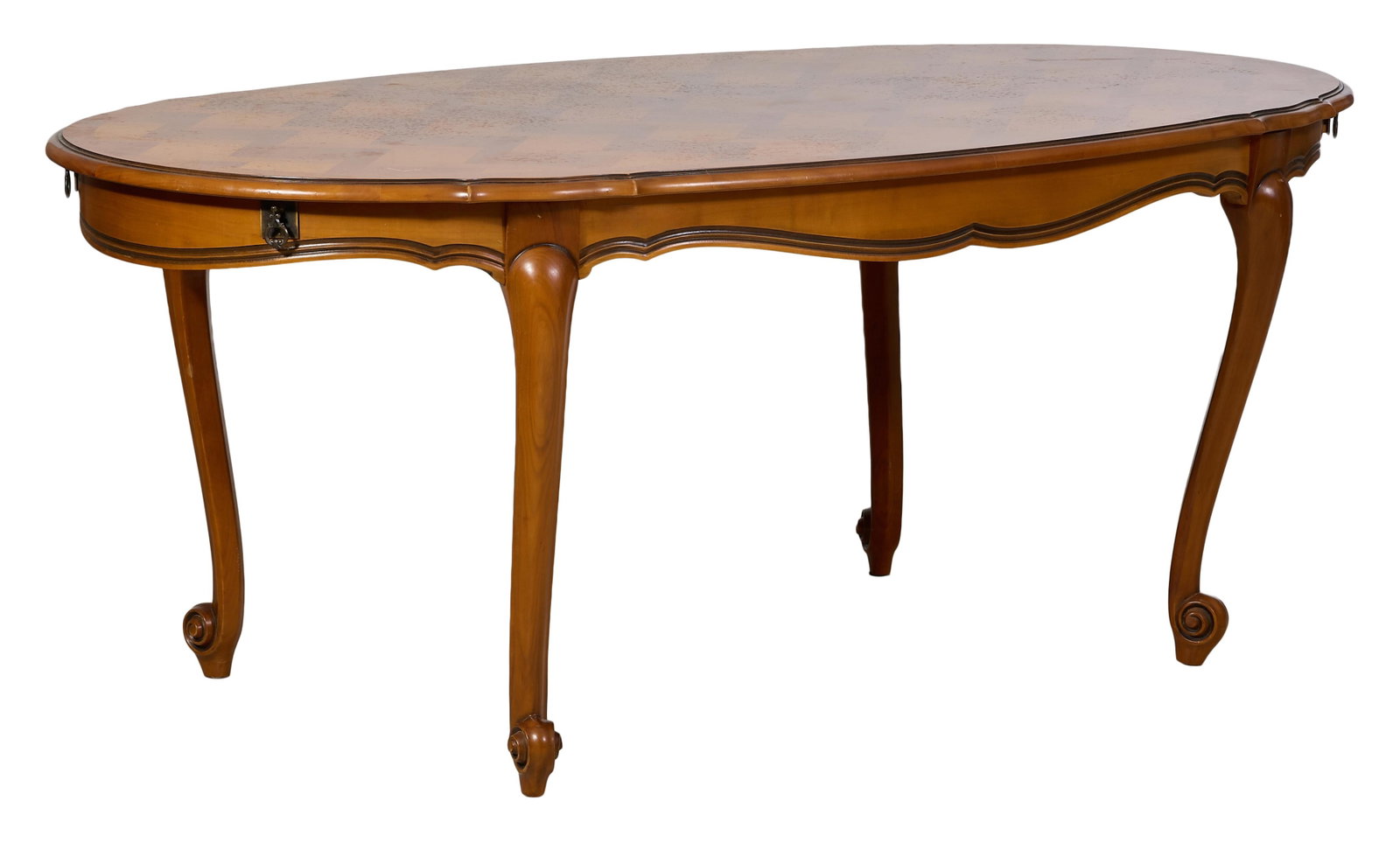 French Louis XV Style Parquetry Dining Table, 20th c., H.- 29 1/4 in., W.- 72 in., D.- 41 1/2 in.: French Louis XV Style Parquetry Dining Table, 20th c., the molded oval parquetry top over shaped apron joining raised scrolled cabriole legs, H.- 29 1/4 in., W.- 72 in., D.- 41 1/2 in.