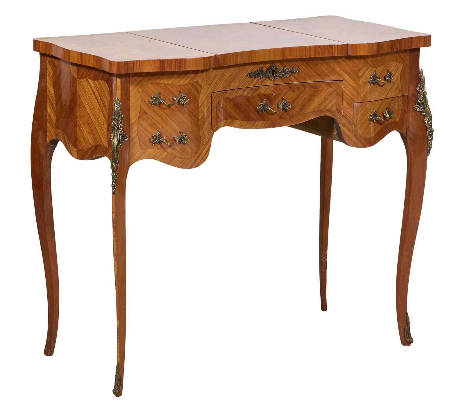 French Louis XV Style Parquetry Poudreuse, 20th c., Closed- H.- 31 1/4 in., W.- 35 in., D.- 18 in.,: French Louis XV Style Parquetry Poudreuse, 20th c., the inlaid shaped hinged top opens to reveal a mirror and storage area, flanked by flip open sides, central drawer, one lower drawer on right, mount
