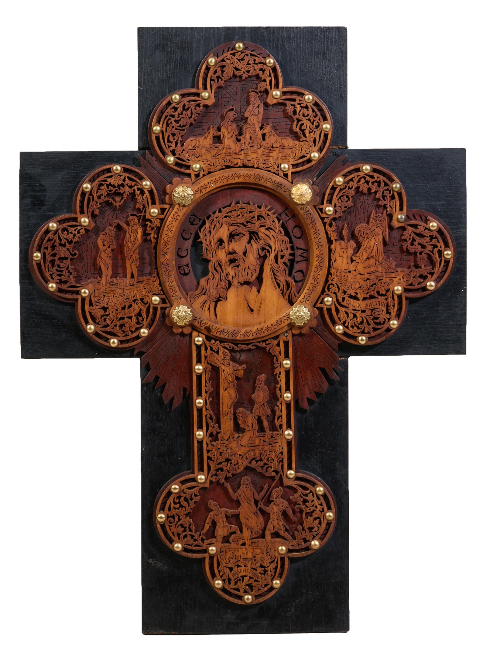 Brass Mounted Double Layered Wooden Cross, 20th c., Cross- H.- 25 3/8 in., W.- 19 1/4 in., D.- 1/4 (1 of 4)