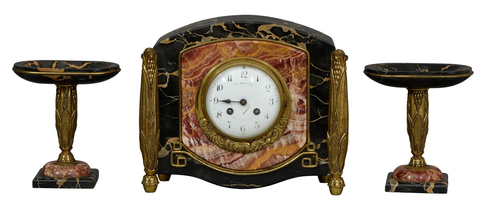 Art Deco Figured Black and Rouge Marble Three Piece Clock Set, 20th c., Clock- H.- 9 3/4 in., W.- 11 (1 of 4)