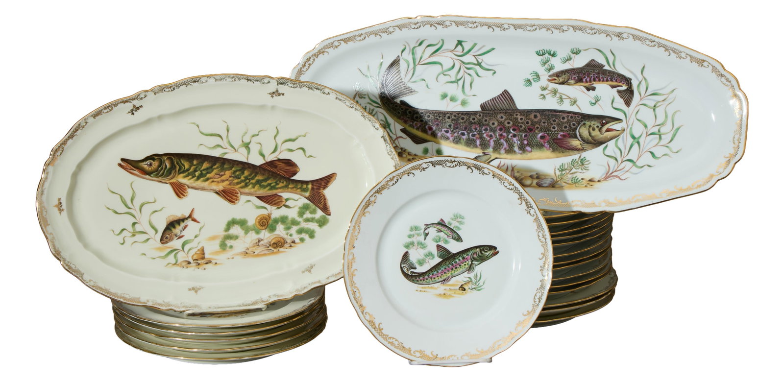 Twenty-Four Piece Limoges Porcelain Assembled Fish Set, 20th c., Plates- Dia.- 9 5/8 in. (24 Pcs.): Twenty-Four Piece Limoges Porcelain Assembled Fish Set, 20th c., by Chadelaud, consisting of two oval serving platters, and twenty-two circular plates, all with gilt decorated borders and fish and und