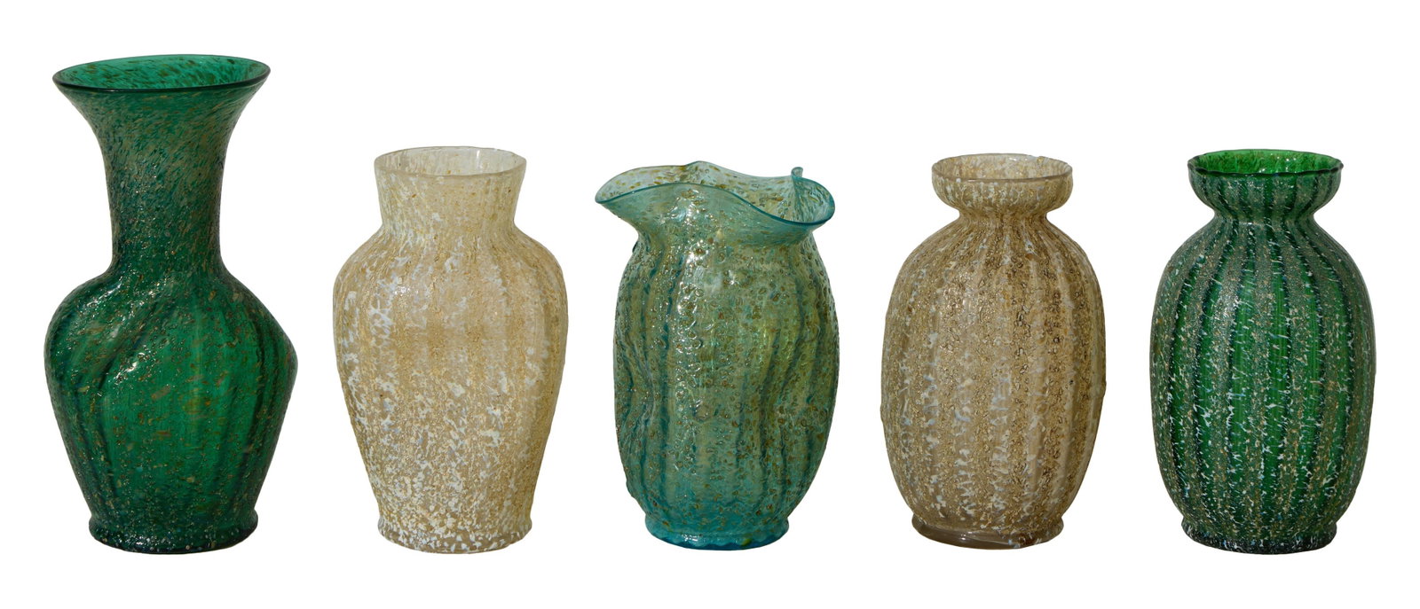 Five Murano Glass Ribbed Baluster Vases, 20th c., Largest- H.- 7 5/8 in., Dia.- 4 in. (5 Pcs.): Five Murano Glass Ribbed Baluster Vases, 20th c., consisting of two white and three green glass examples, Largest- H.- 7 5/8 in., Dia.- 4 in. (5 Pcs.)