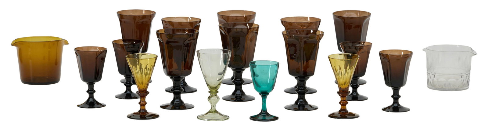 Eighteen Pieces of Antique and Vintage Glassware, 18th c. and later, Tallest- H.- 6 3/4 in., W.- 3: Eighteen Pieces of Antique and Vintage Glassware, 18th c. and later, consisting of sixteen stemmed colored glasses, including 12 Lenox brown water and wine glasses, and two rinsers, Tallest- H.- 6 3/4