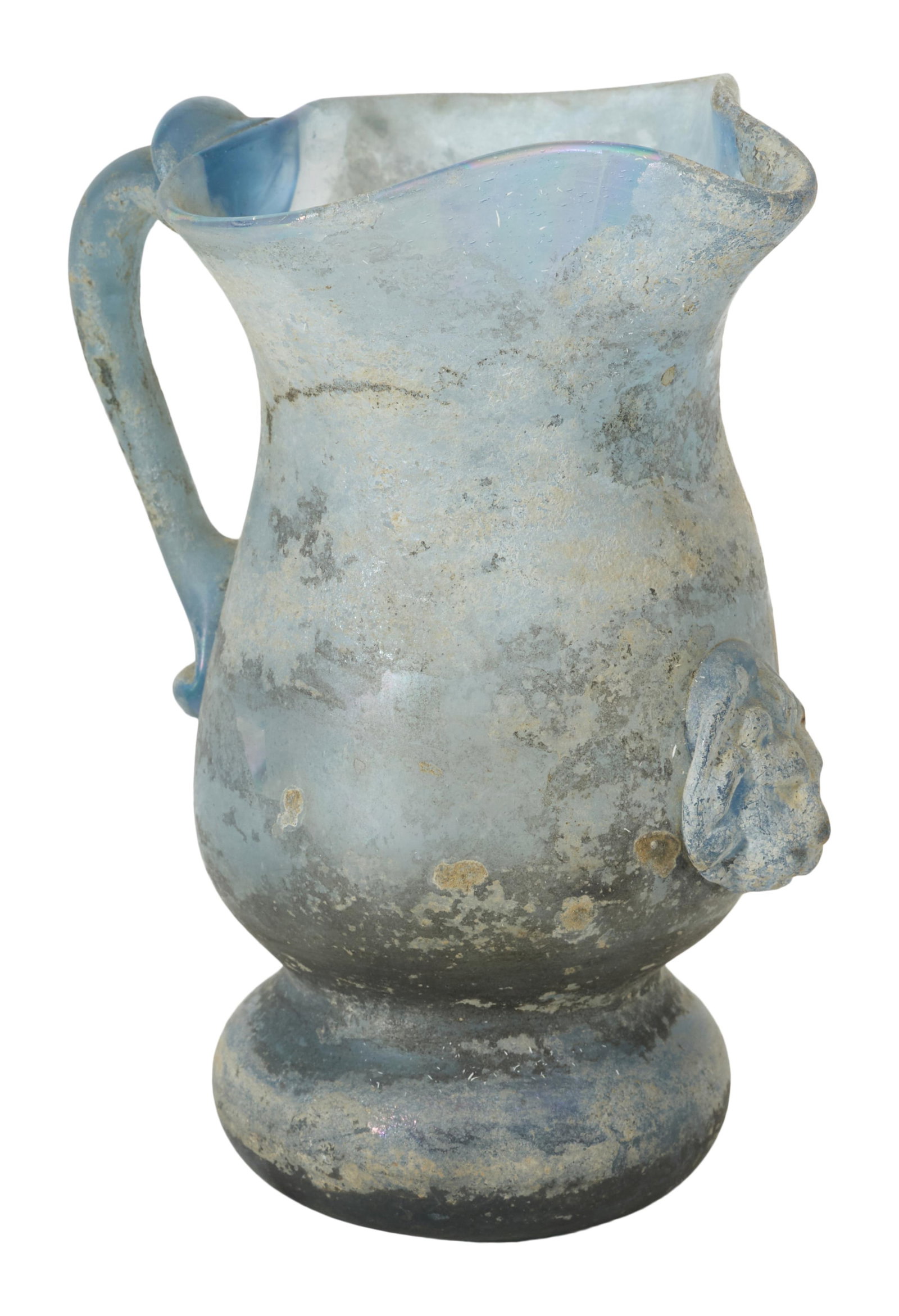 Roman Glass Jug with Applied Handle and Masque, 1st-4th century, H.- 6 3/4 in., W.- 5 in., D.- 4 in. (1 of 3)
