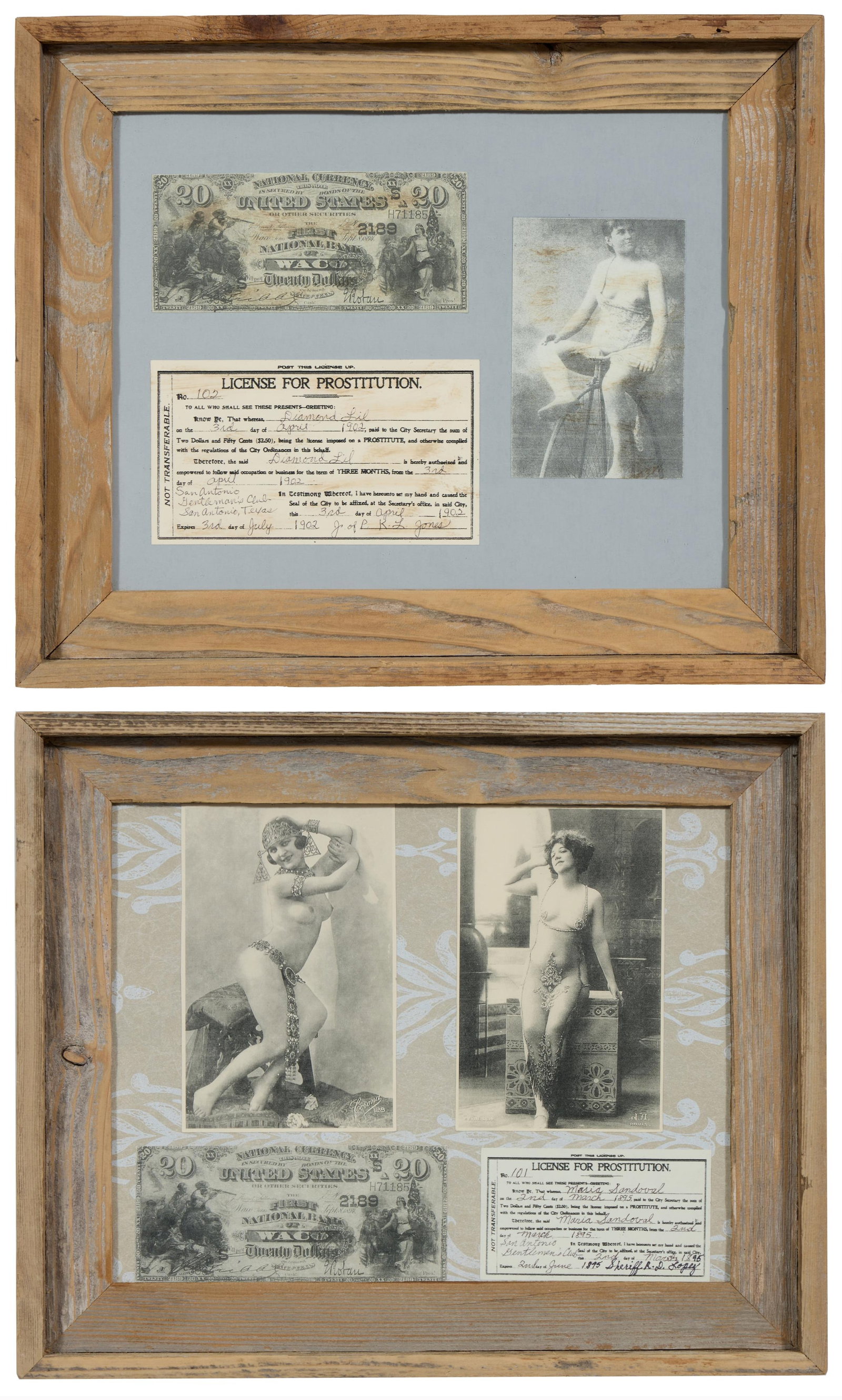 Two Copies of 19th Century Licenses for Prostitution, Each Sight- H.- 13 3/8 in., W.- 10 3/8 in.,: Two Copies of 19th Century Licenses for Prostitution, the first in 1902 to Diamond Lil by J. of P. K.L. Jones, San Antonio, Texas; the second in 1895 to Maria Sandoval by Sheriff R.D. Lopez, San Anton