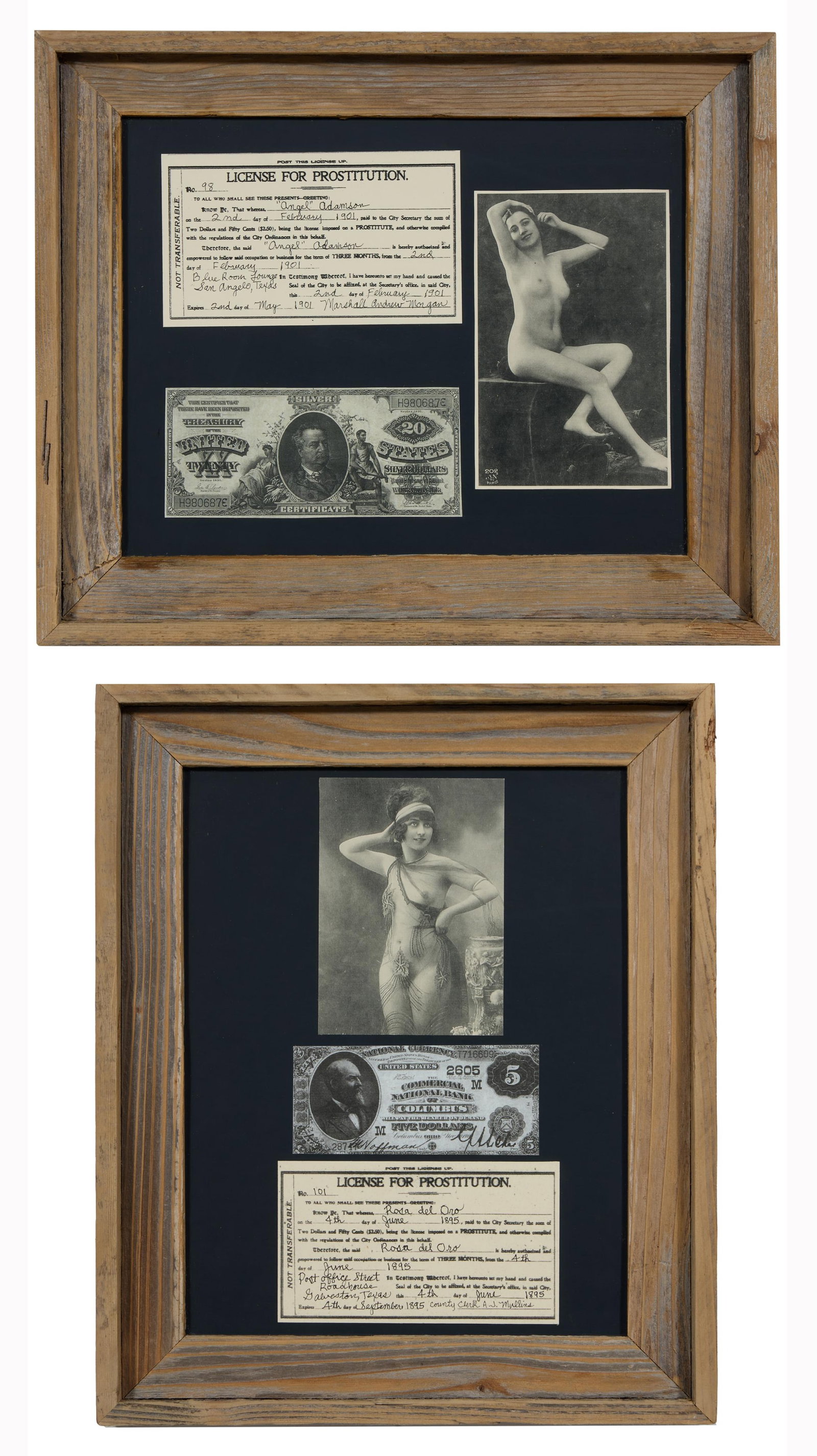 Two Copies of 19th Century Licenses for Prostitution, Each Sight- H.- 13 3/8 in., W.- 10 3/8 in., (1 of 7)