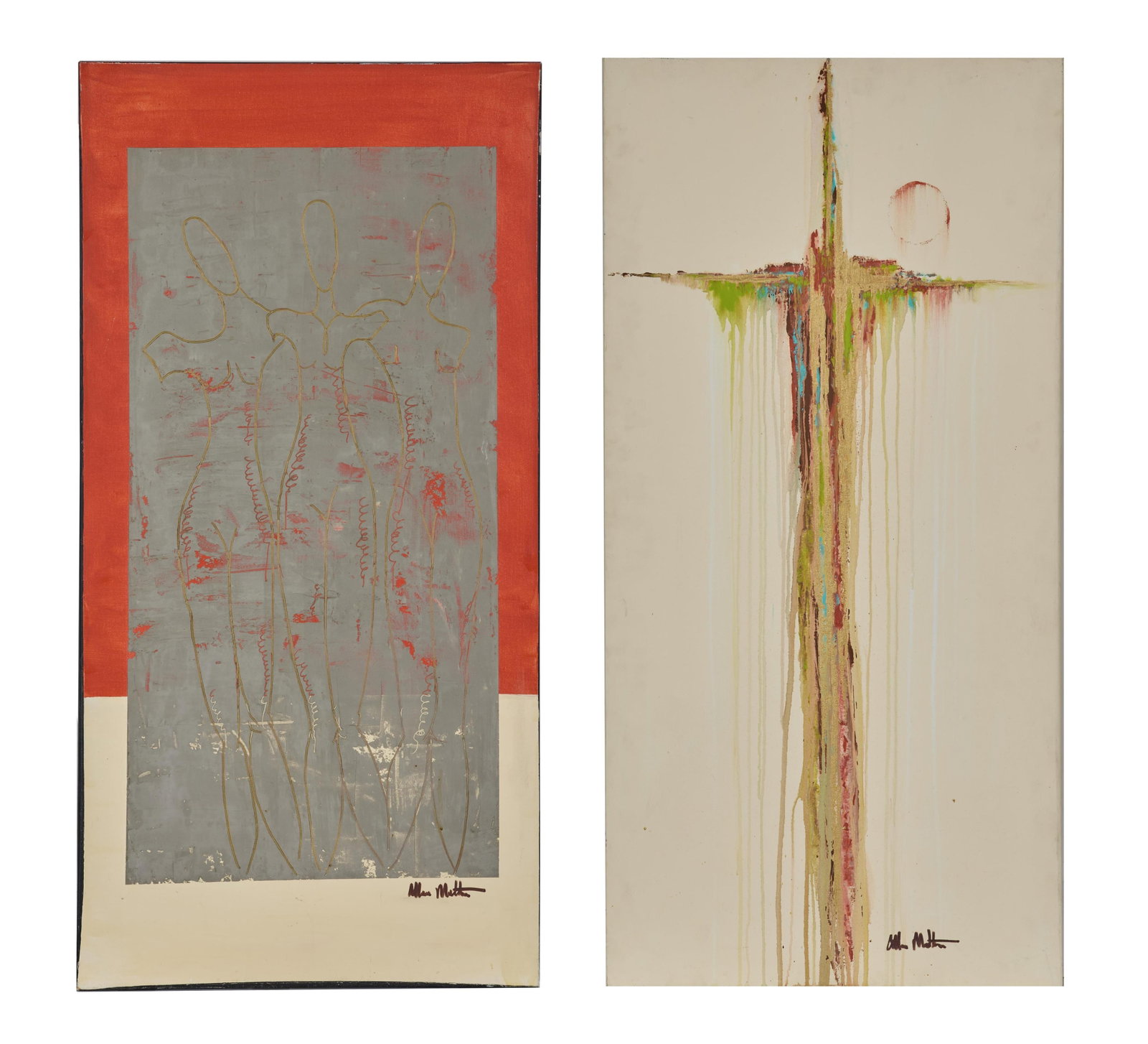 Allen Melton (American/Mississippi, b. 1964), "The Three Graces" and "Cruciform Abstraction," Each-: Allen Melton (American/Mississippi, b. 1964), "The Three Graces" and "Cruciform Abstraction," each acrylic on canvas, each signed lower right, each unframed, Each- H.- 48 in., W.- 24 in. (2 Pcs.) Prov
