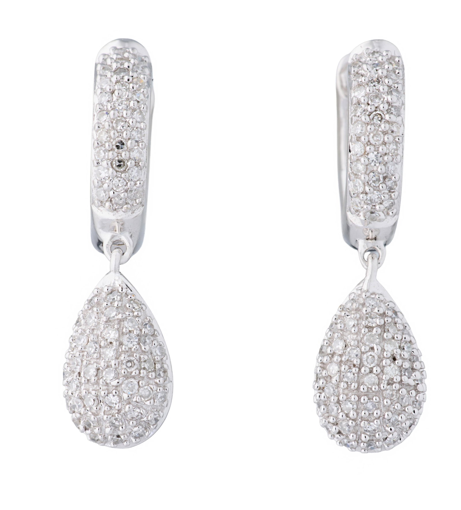 Pair of 14K White Gold and Diamond Pave Drop Earrings, App. Total Diamond Wt.- 1.50 carats; App.: Pair of 14K White Gold and Diamond Pave Drop Earrings, each pear-shaped diamond mounted drop suspended from a diamond mounted bail, App. Total Diamond Wt.- 1.50 carats; App. Total Wt.- 5.2 grams; Each