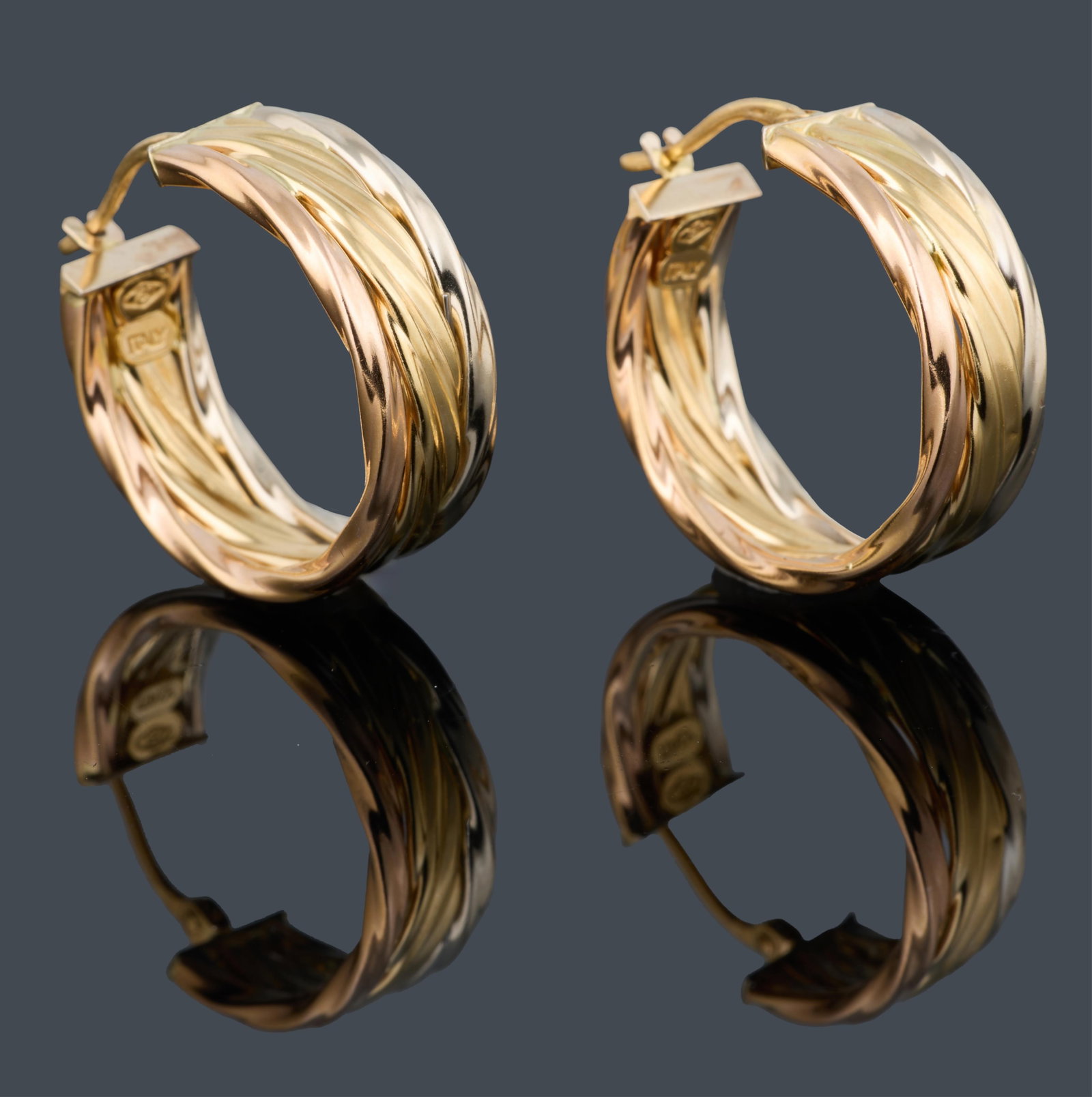Pair of Italian 18K Varicolor Gold Hoops, App. Total Wt.- 6.2 grams; Each- Dia.- 1 7/8 in. (2 Pcs.): Pair of Italian 18K Varicolor Gold Hoops, with hinged clasps, App. Total Wt.- 6.2 grams; Each- Dia.- 1 7/8 in. (2 Pcs.) Please Note: All assessments of gemstone weight, color, and/or clarity are appro