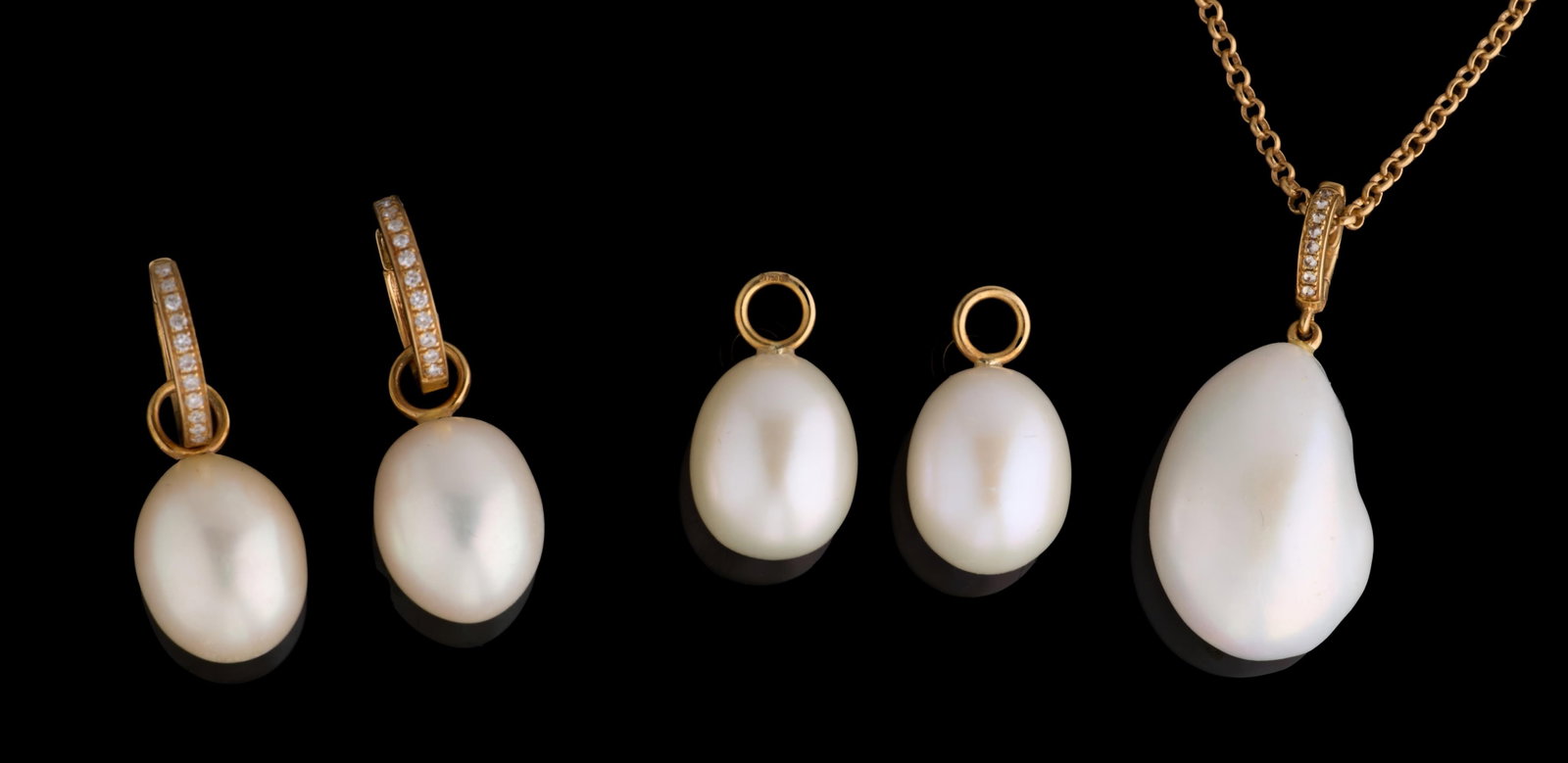 Six Piece Annoushka 18K Yellow Gold Baroque Pearl and Diamond Set, 21st c., App. Total Diamond Wt.-: Six Piece Annoushka 18K Yellow Gold Baroque Pearl and Diamond Set, 21st c., consisting of a pair of Annoushka Eclipse hoop earrings, each mounted with 11 tiny round diamond, with freshwater pearl earr