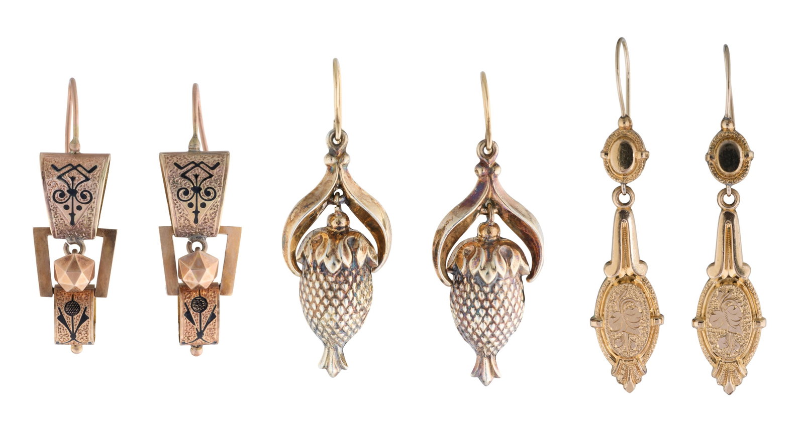 Three Pairs of Victorian Gold Earrings, App. Total Wt.- 13 grams; Largest- H.- 2 in., W.- 5/8 in. (6 (1 of 4)