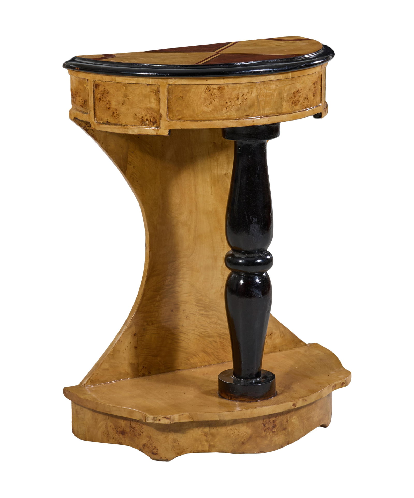 Art Deco Style Inlaid Walnut Demilune Console, 21st c., H.- 32 1/2 in., W.- 24 in., D.- 14 in. (1 of 2)